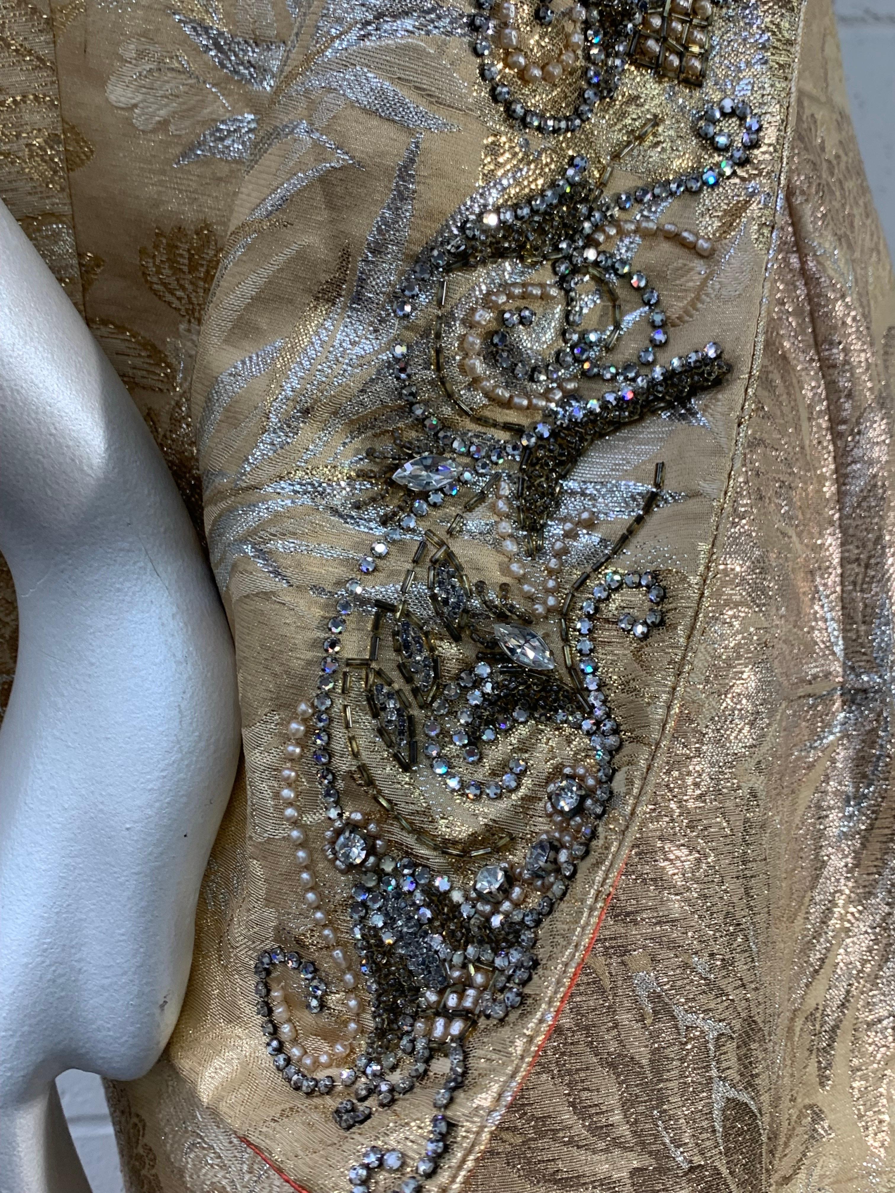 Women's 1950 Mr. Blackwell Gold Brocade Fishtail Gown & Beaded Evening Vest Ensemble