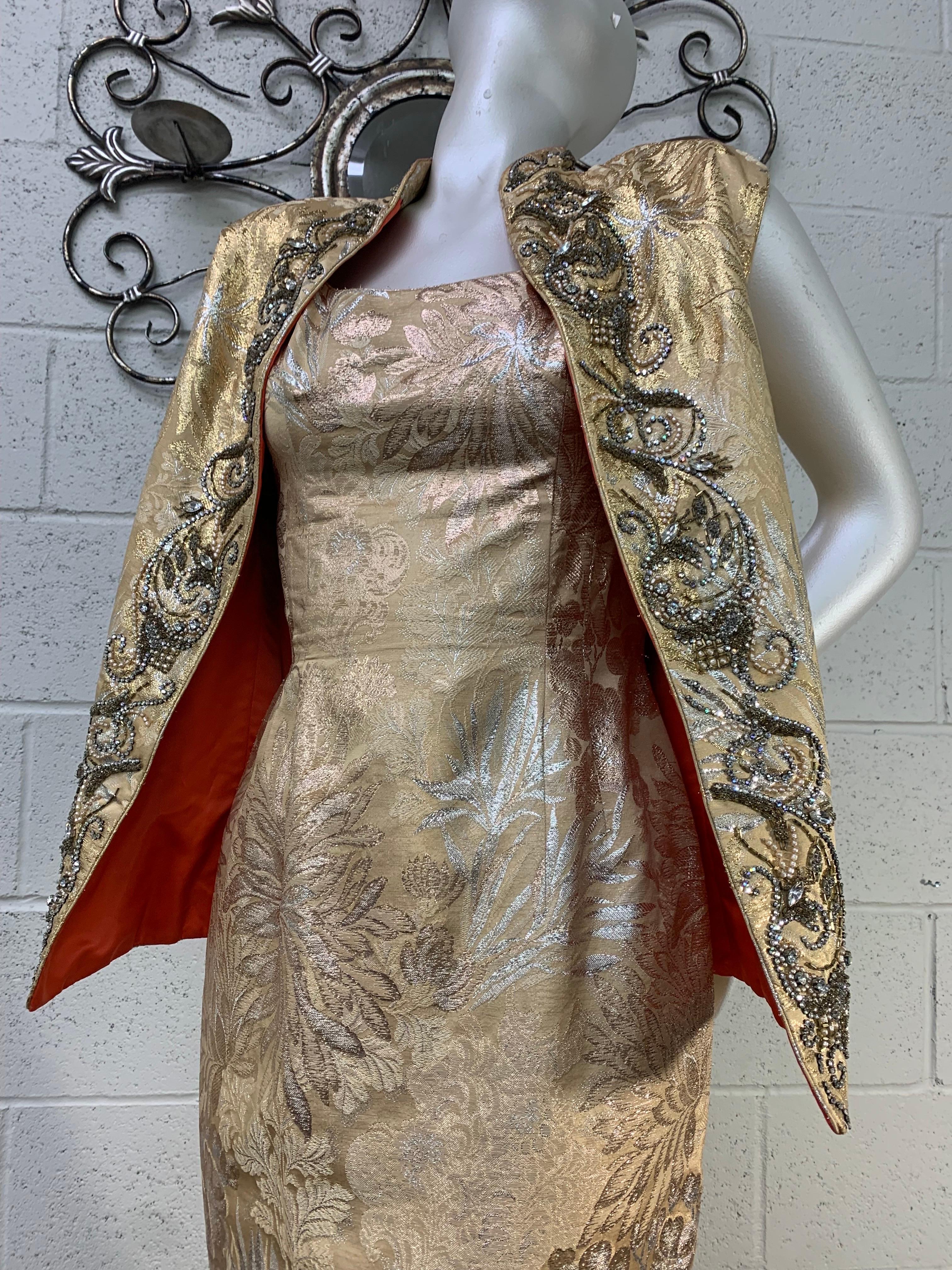 1950 Mr. Blackwell Gold Brocade Fishtail Gown & Beaded Evening Vest Ensemble 1