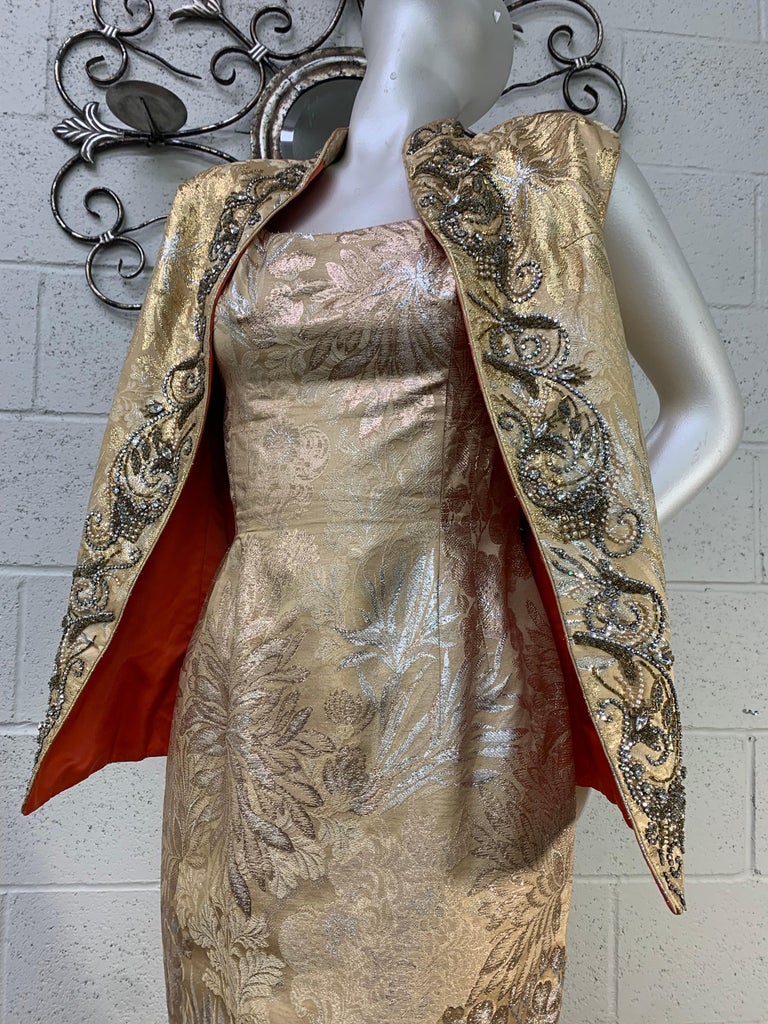 1950 Mr. Blackwell Gold Brocade Fishtail Gown & Beaded Evening Vest Ensemble For Sale 4
