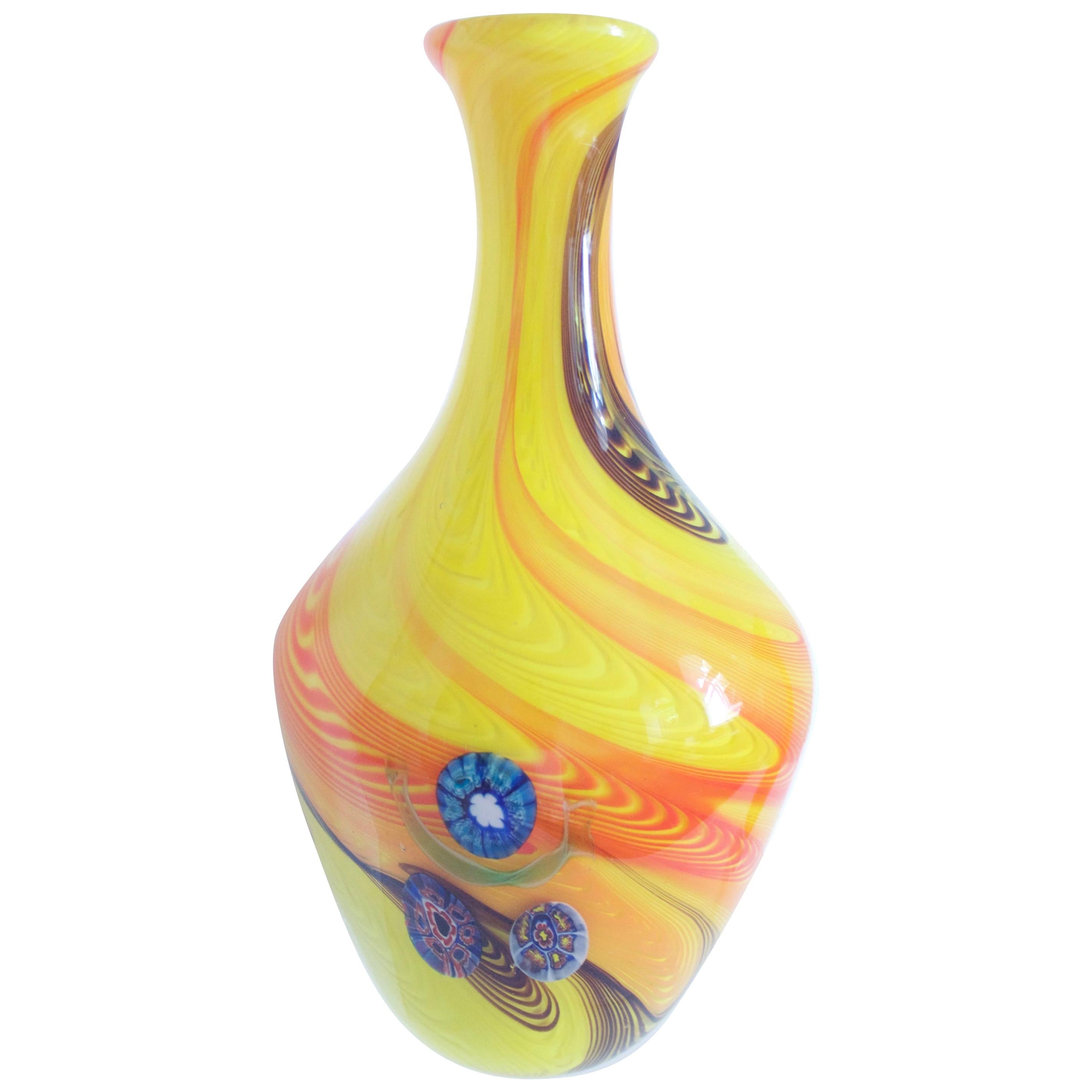 1950 Murano Fratelli Toso MilleFiori Glass Centrepiece Trumpet Vase Yellow For Sale