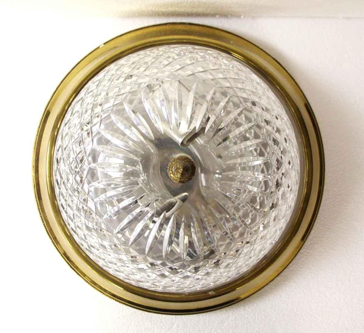1950s NYC Waldorf Astoria Hotel crystal flush mount fixture with a polished brass rim and pineapple finial. From the suites of the Waldorf Astoria Towers. Waldorf Astoria authenticity card included with your purchase. Small quantity available at