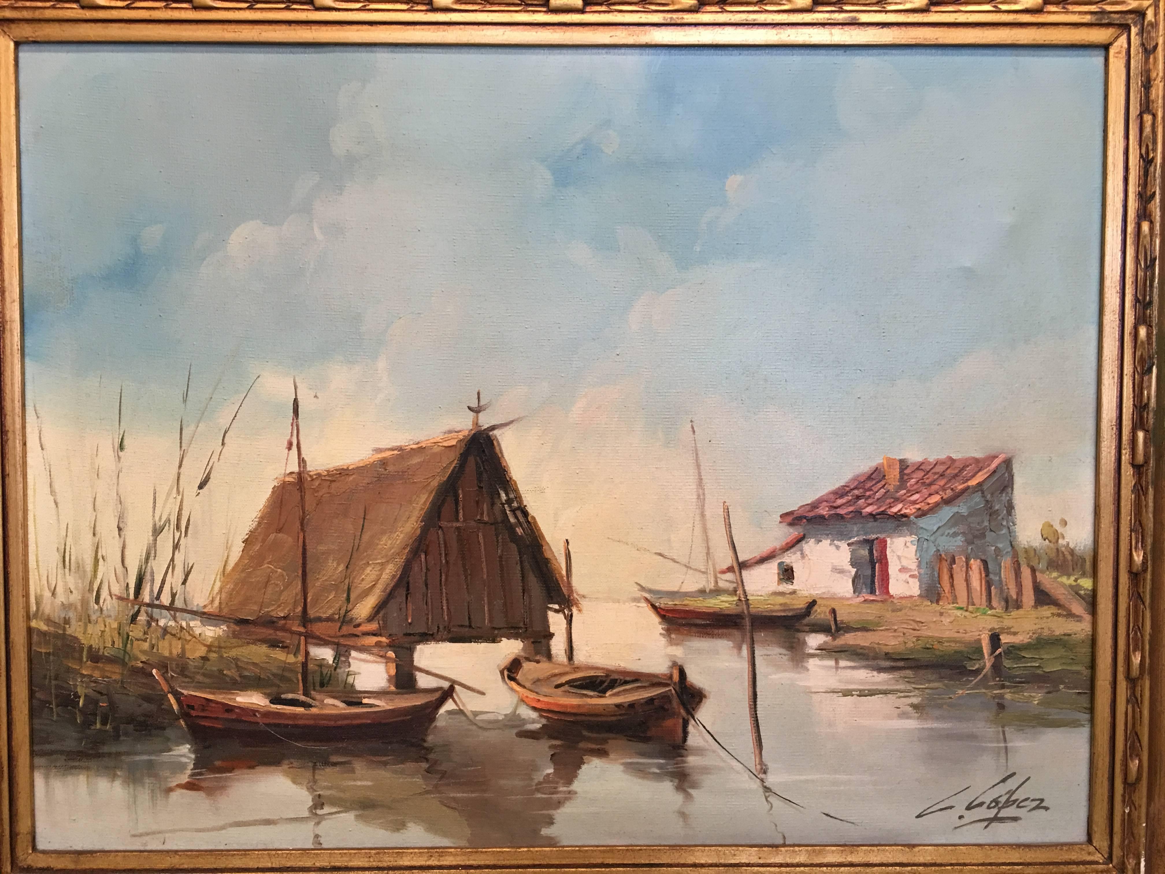 1950 huile sur toile, La lagune, Valence, Espagne signé par Lopez avec un beau cadre
Paysage traditionnel de Valence appelé 