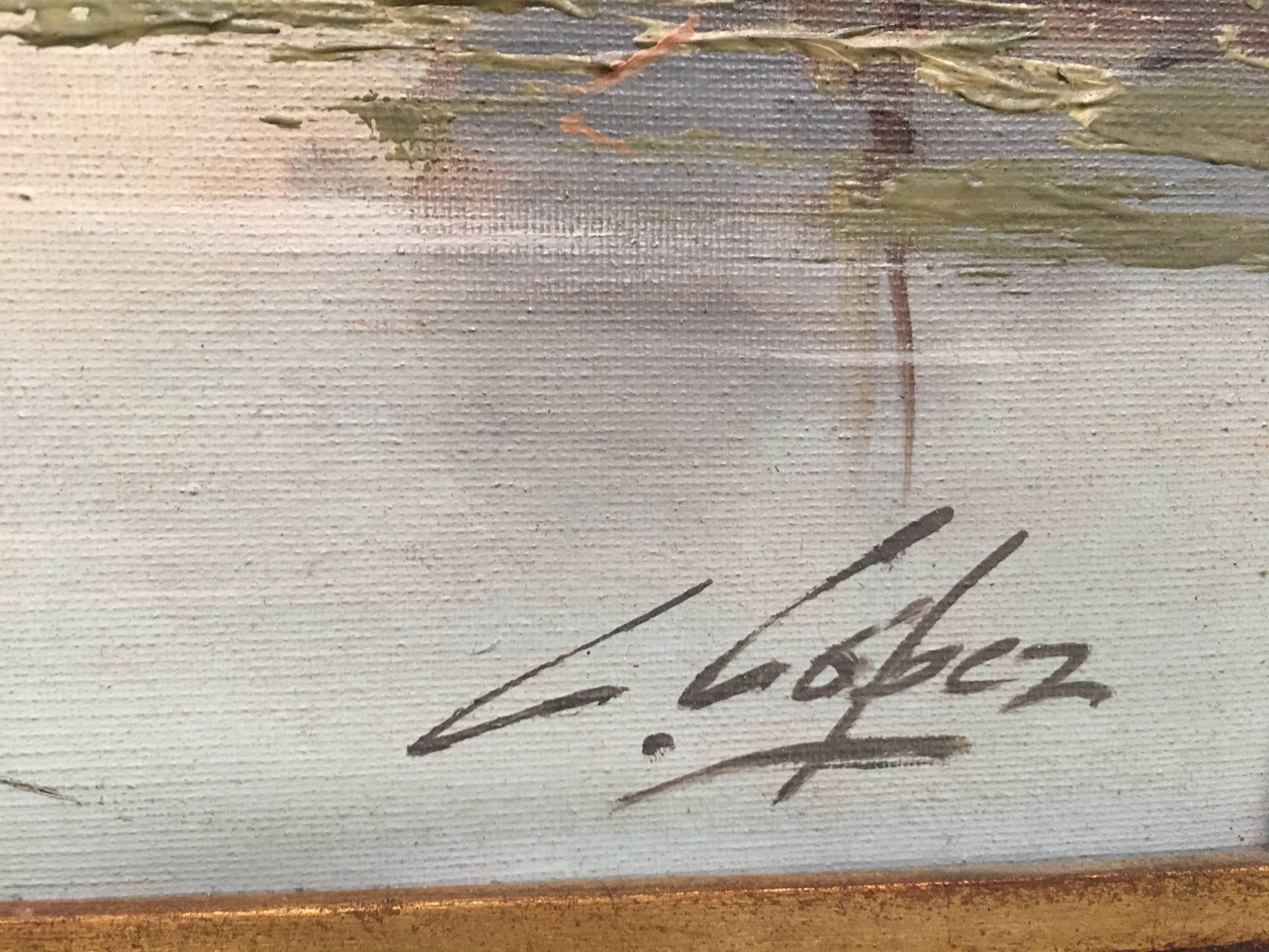 Huile sur toile de 1950, La lagune, Valence, Espagne, signée C.Lopez Excellent état - En vente à Miami, FL