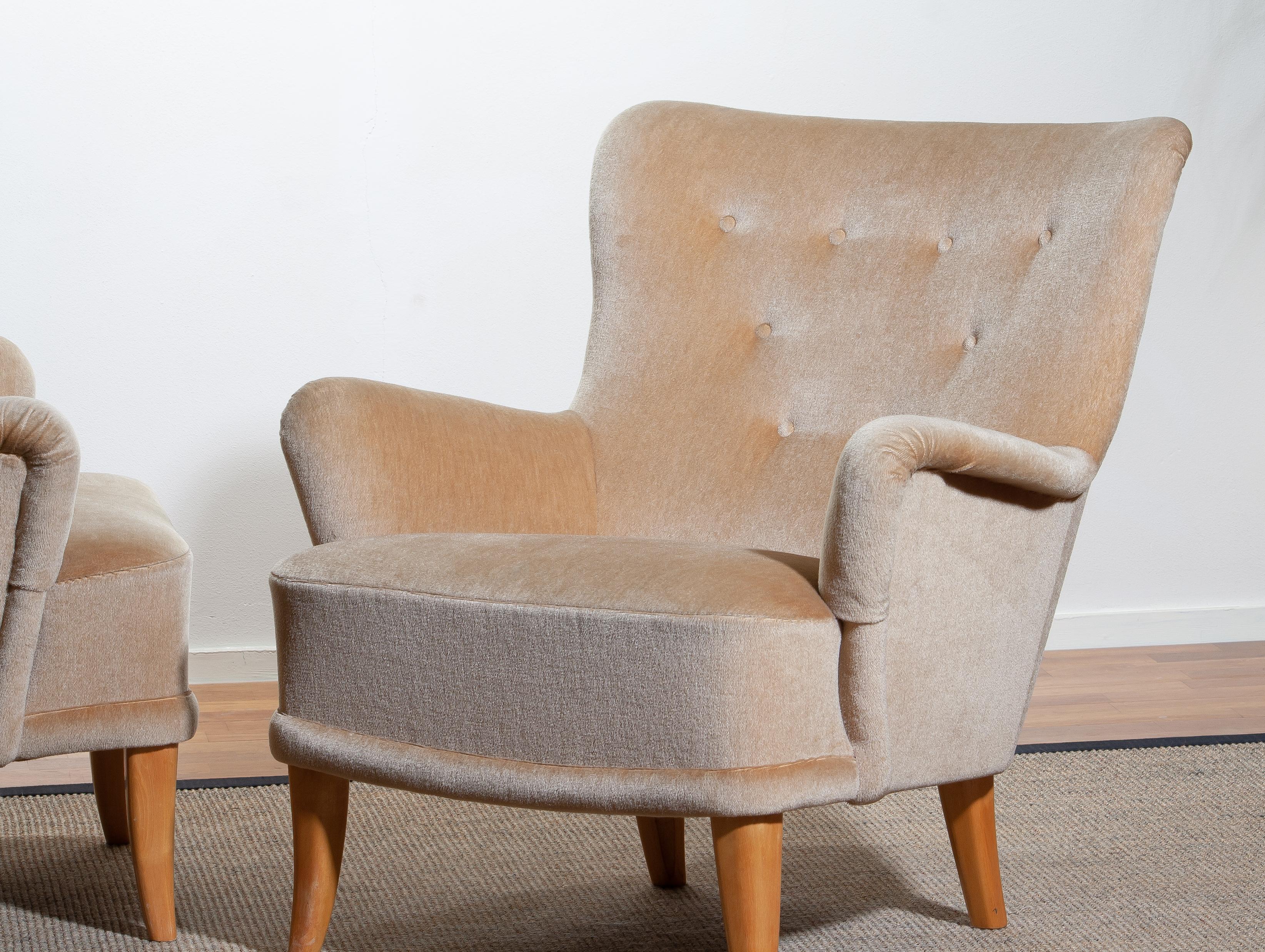 1950, Pair Beige Velvet Lounge Chairs by Carl Malmsten for O.H. Sjögren Sweden 5