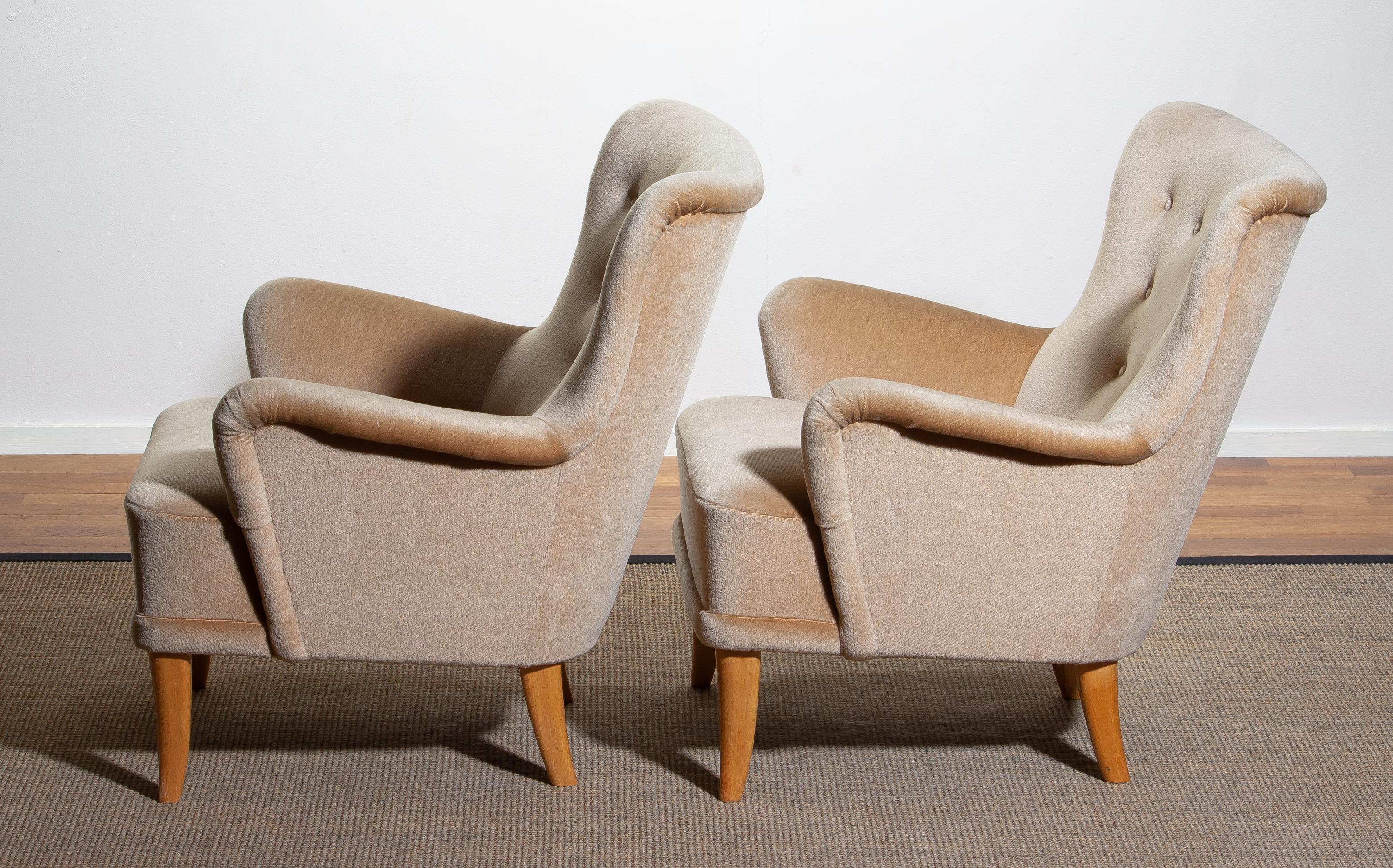 1950, Pair Beige Velvet Lounge Chairs by Carl Malmsten for O.H. Sjögren Sweden 7