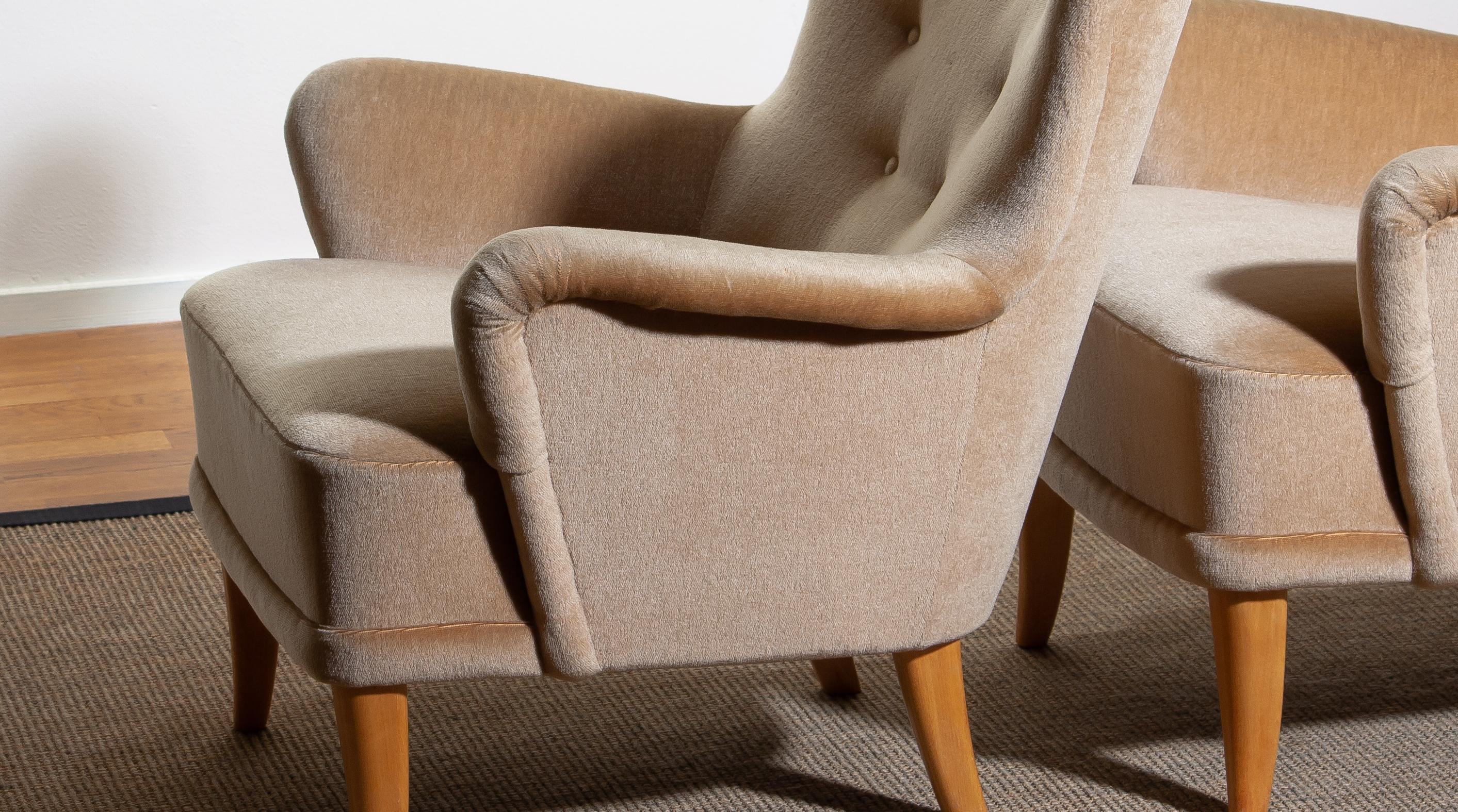 1950, Pair Beige Velvet Lounge Chairs by Carl Malmsten for O.H. Sjögren Sweden 8