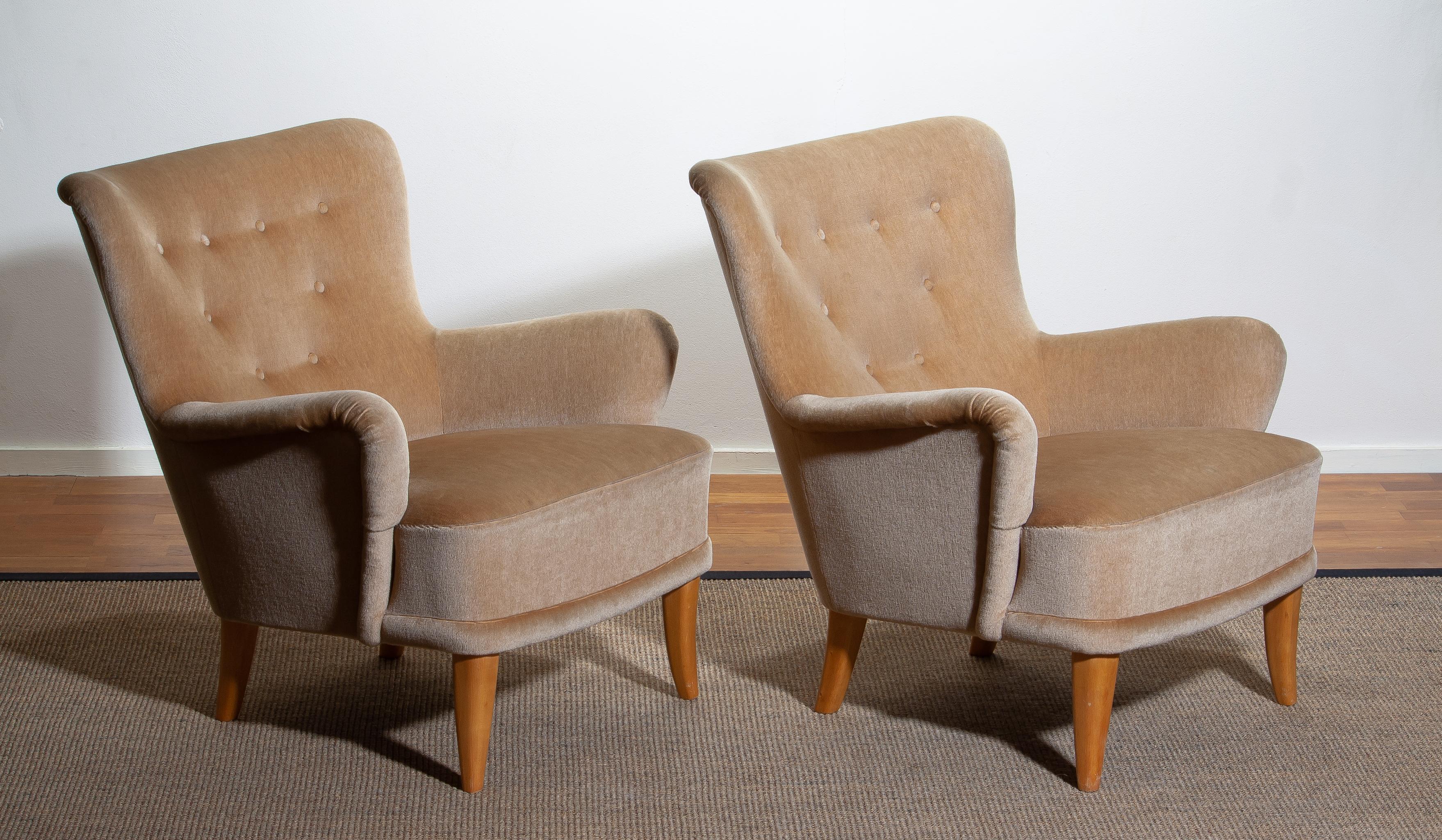 1950, Pair Beige Velvet Lounge Chairs by Carl Malmsten for O.H. Sjögren Sweden 3