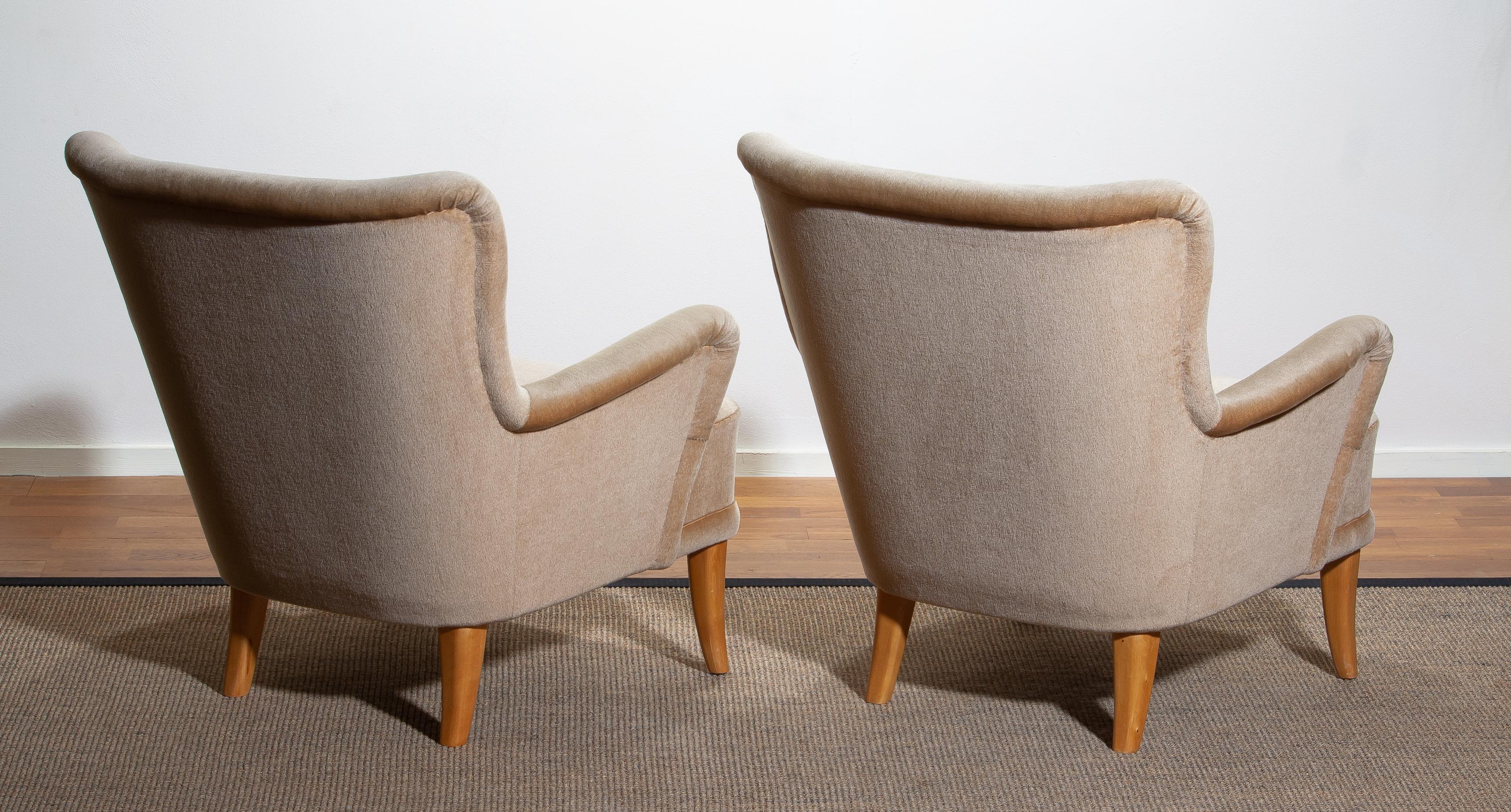 1950, Pair Beige Velvet Lounge Chairs by Carl Malmsten for O.H. Sjögren Sweden 10