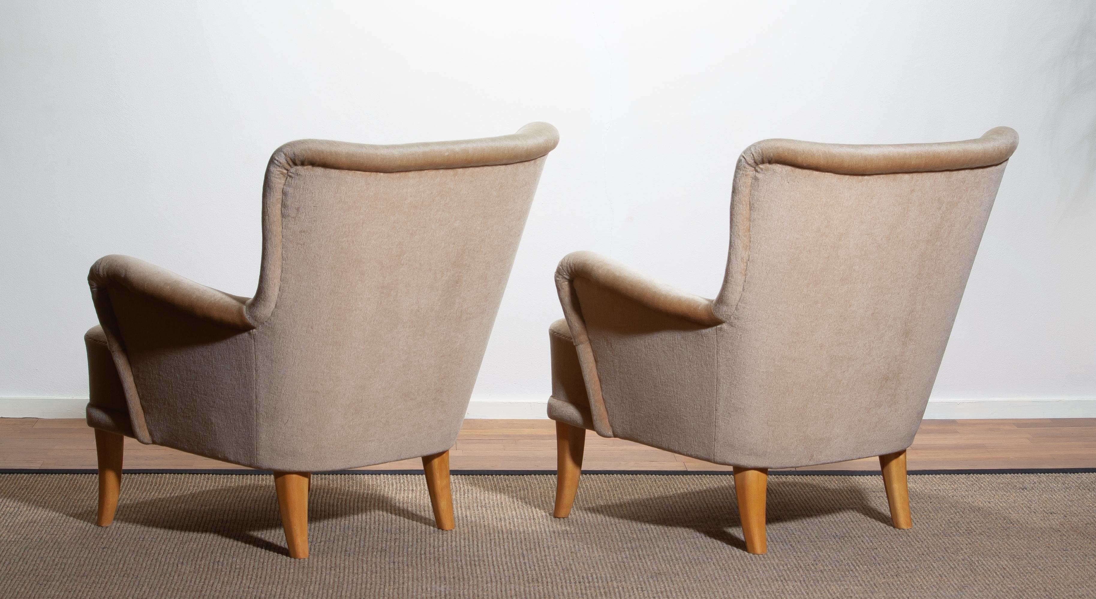 1950, Pair Beige Velvet Lounge Chairs by Carl Malmsten for O.H. Sjögren Sweden 12