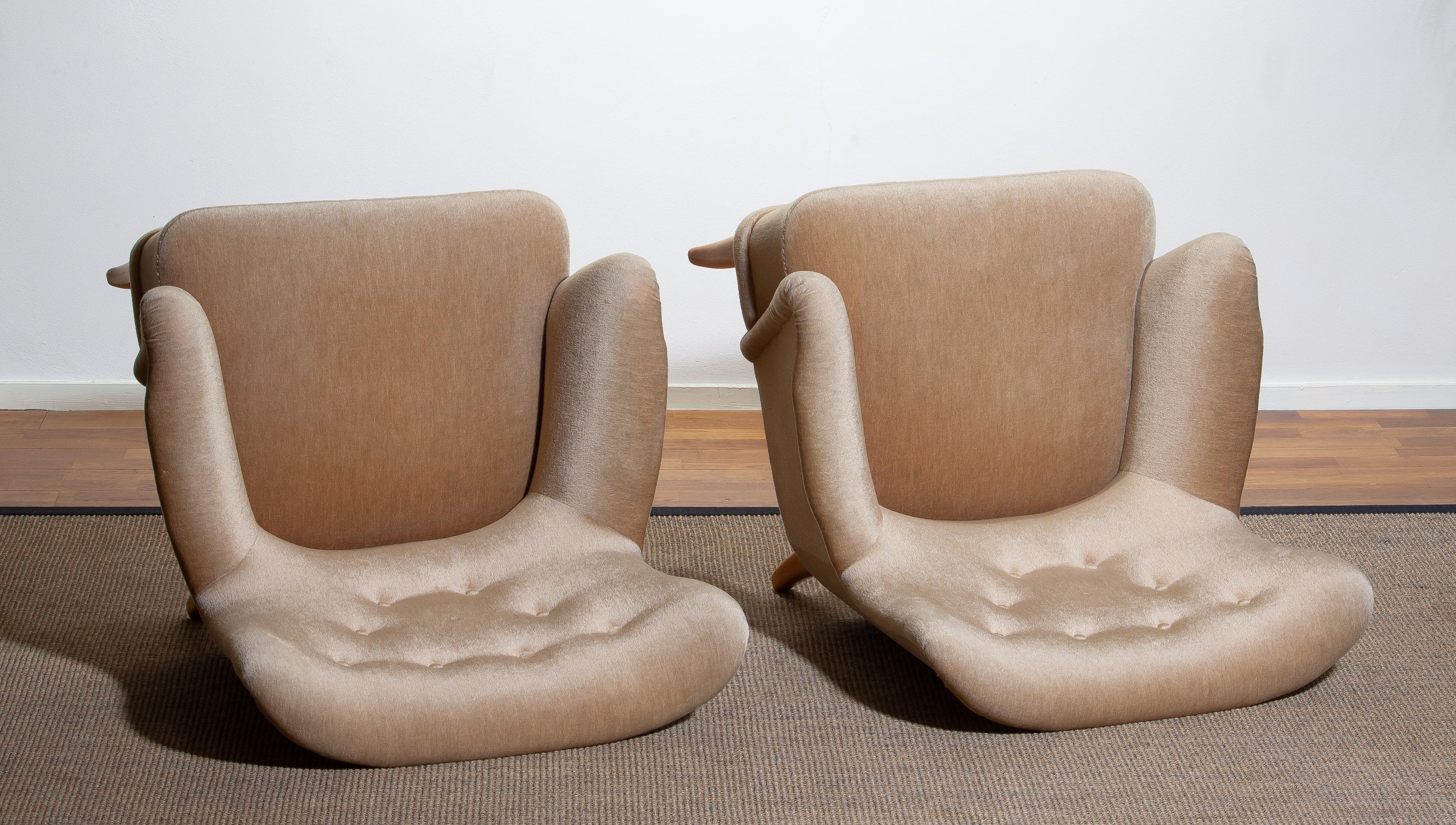 1950, Pair Beige Velvet Lounge Chairs by Carl Malmsten for O.H. Sjögren Sweden 11