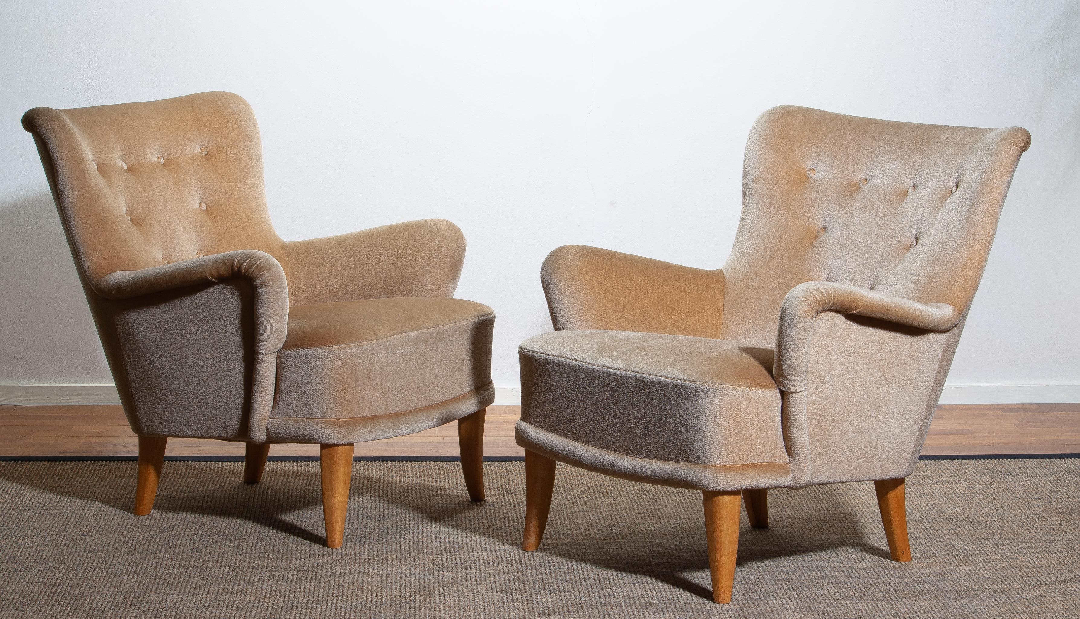 Swedish 1950, Pair Beige Velvet Lounge Chairs by Carl Malmsten for O.H. Sjögren Sweden