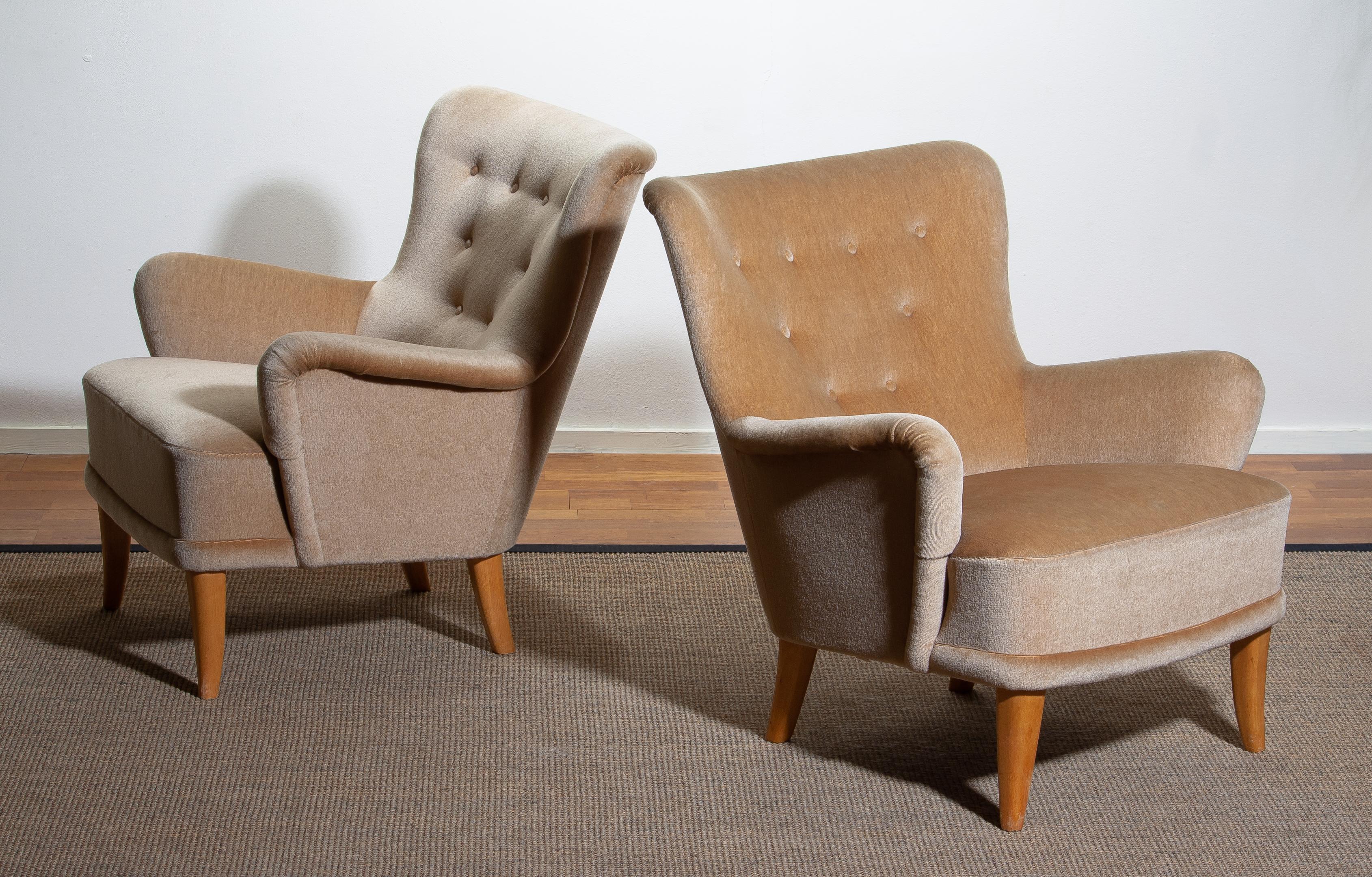 Mid-Century Modern 1950, Pair Beige Velvet Lounge Chairs by Carl Malmsten for O.H. Sjögren Sweden