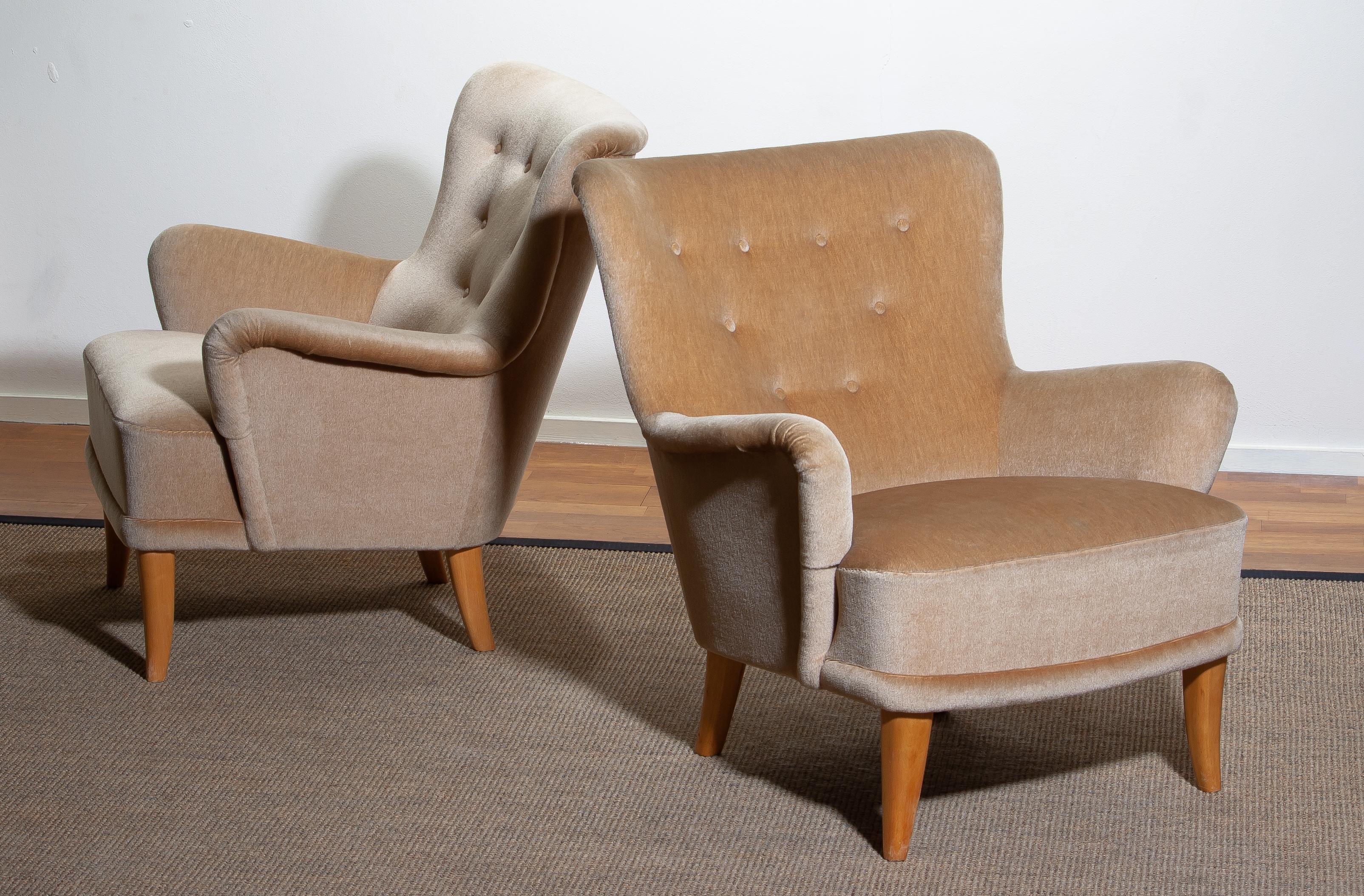 1950, Pair Beige Velvet Lounge Chairs by Carl Malmsten for O.H. Sjögren Sweden 1