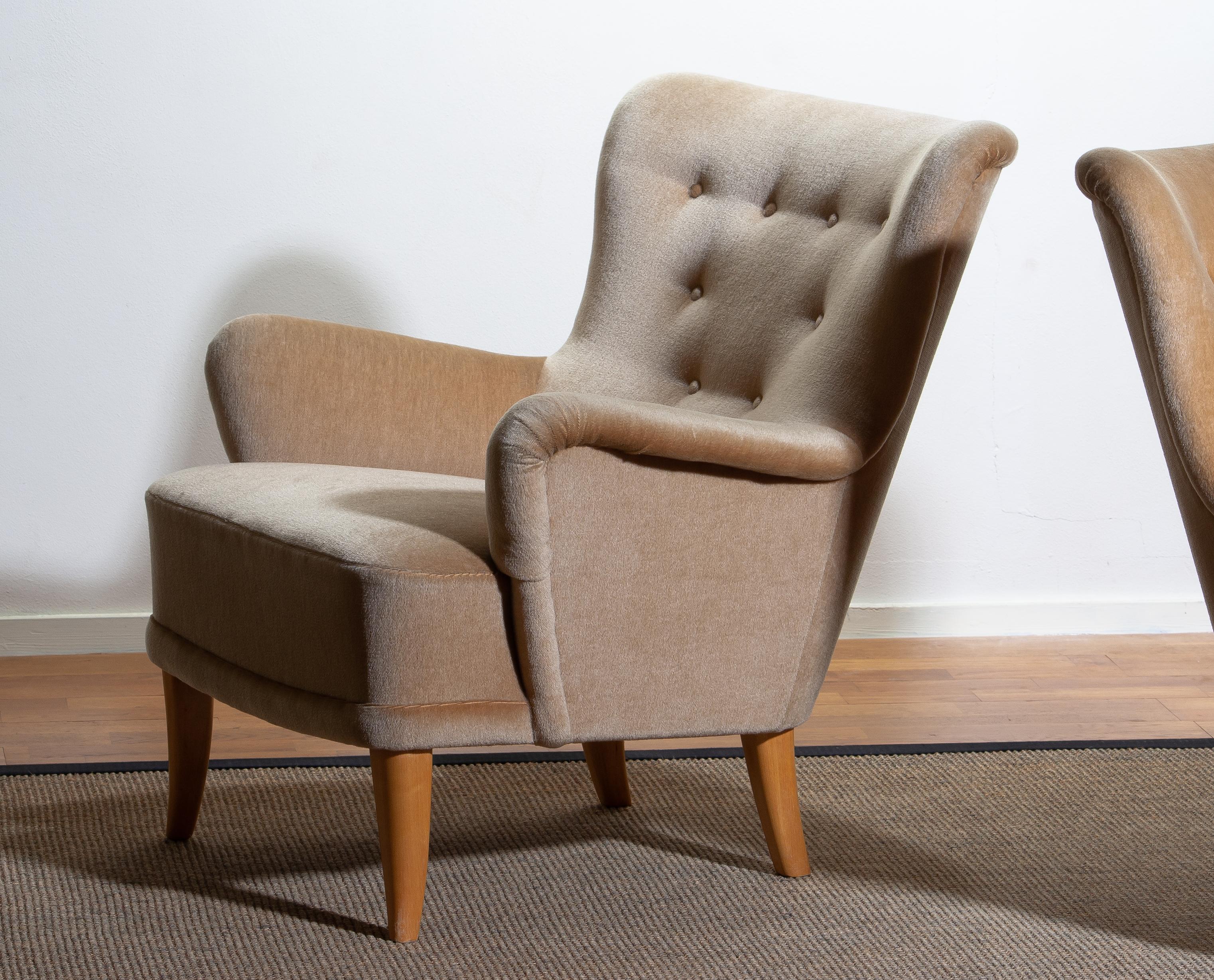 Mid-20th Century 1950, Pair Beige Velvet Lounge Chairs by Carl Malmsten for O.H. Sjögren Sweden