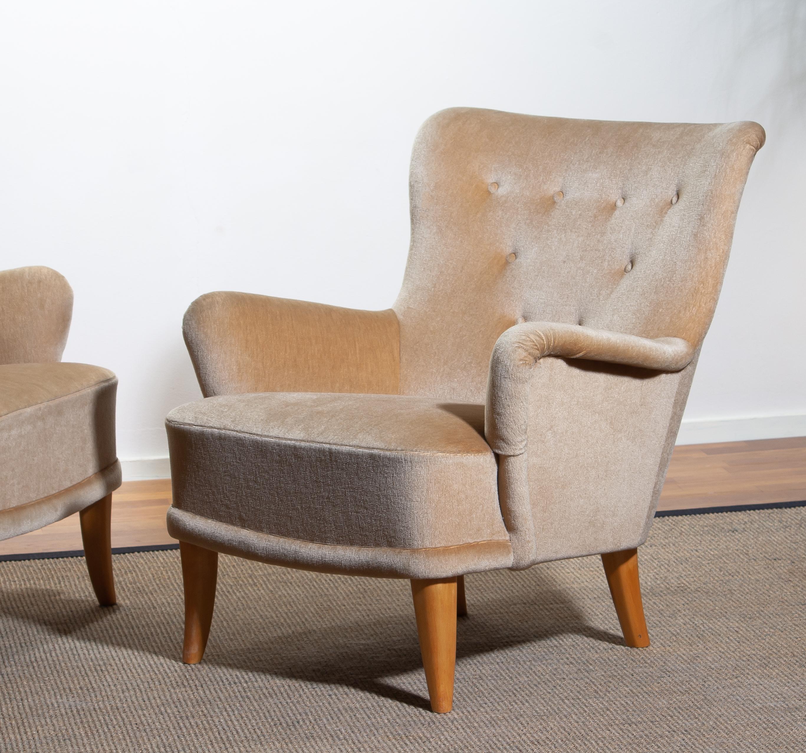1950, Pair Beige Velvet Lounge Chairs by Carl Malmsten for O.H. Sjögren Sweden 2