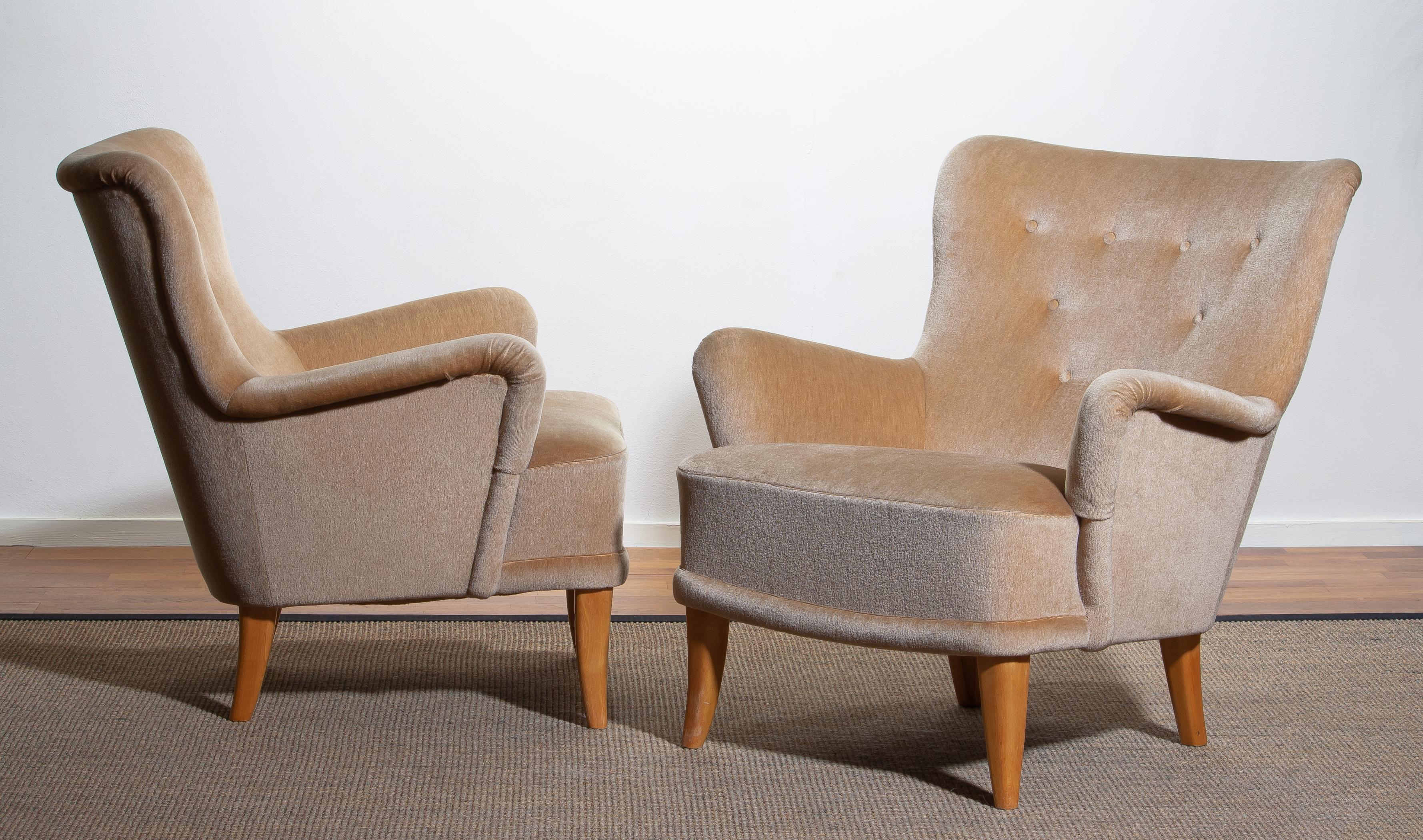 1950, Pair Beige Velvet Lounge Chairs by Carl Malmsten for O.H. Sjögren Sweden 6