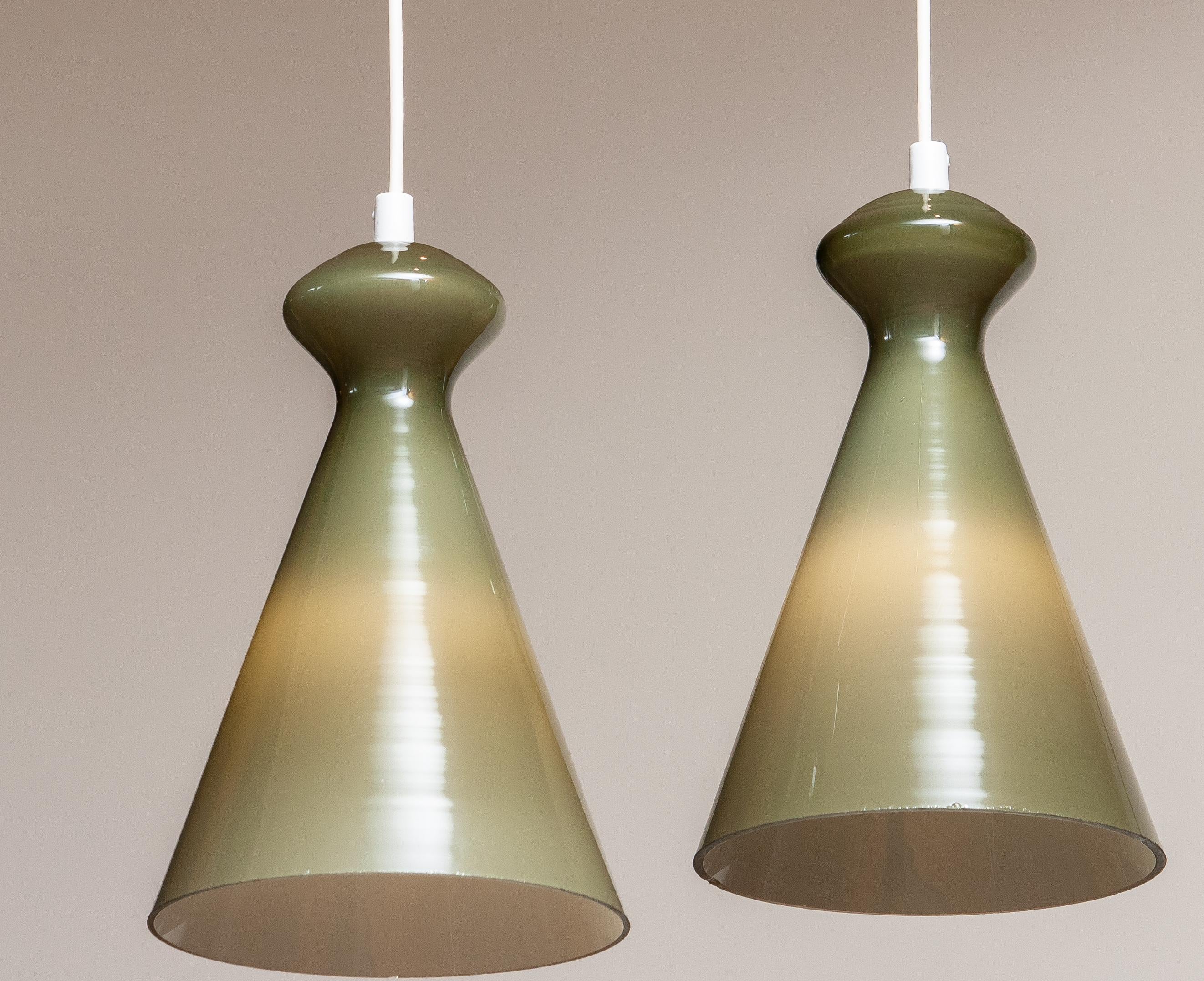 1950 Pair Glass Pendants in Olive Green by Maria Lindeman for Idman Oy, Finland 1