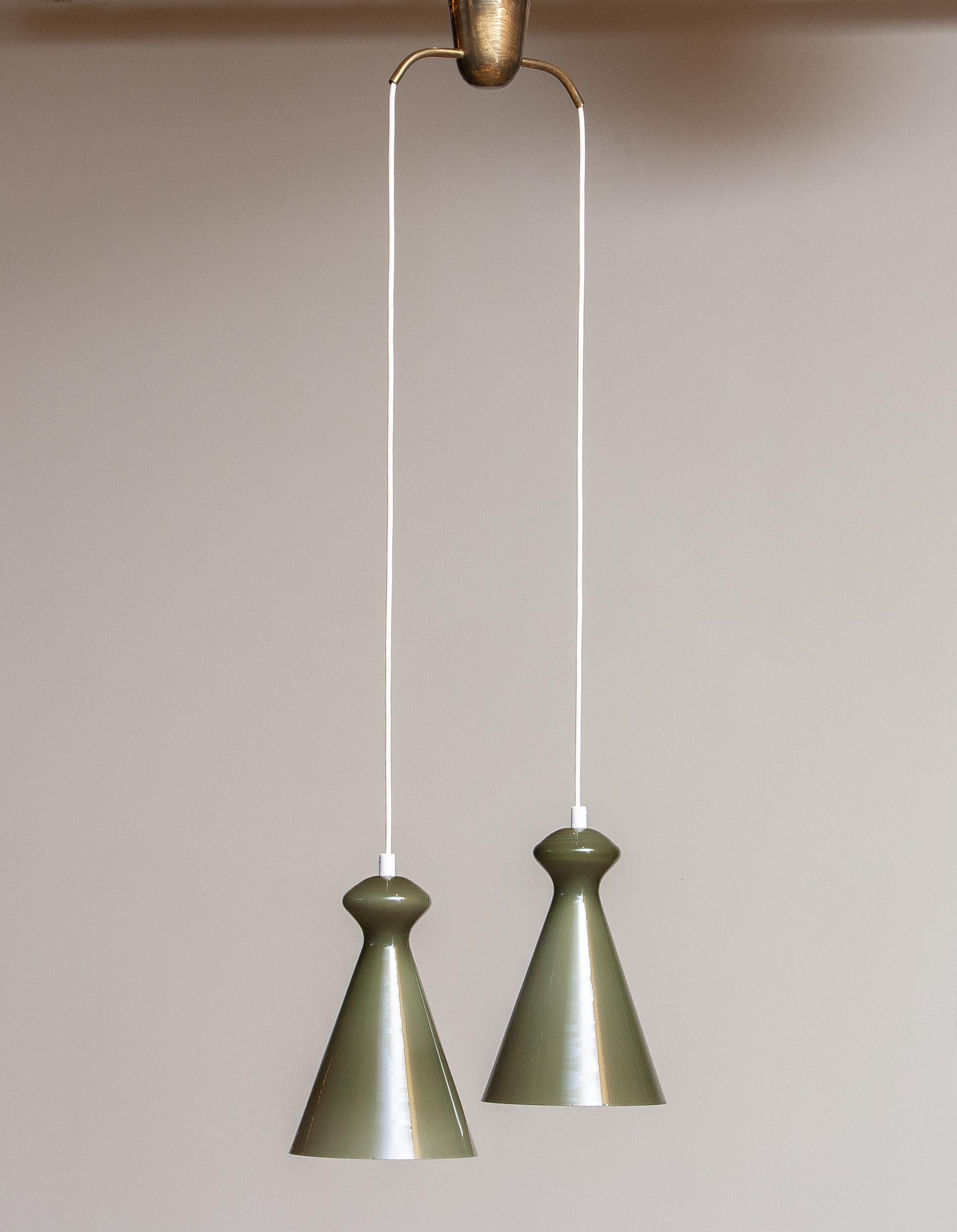 1950 Pair Glass Pendants in Olive Green by Maria Lindeman for Idman Oy Finland 2