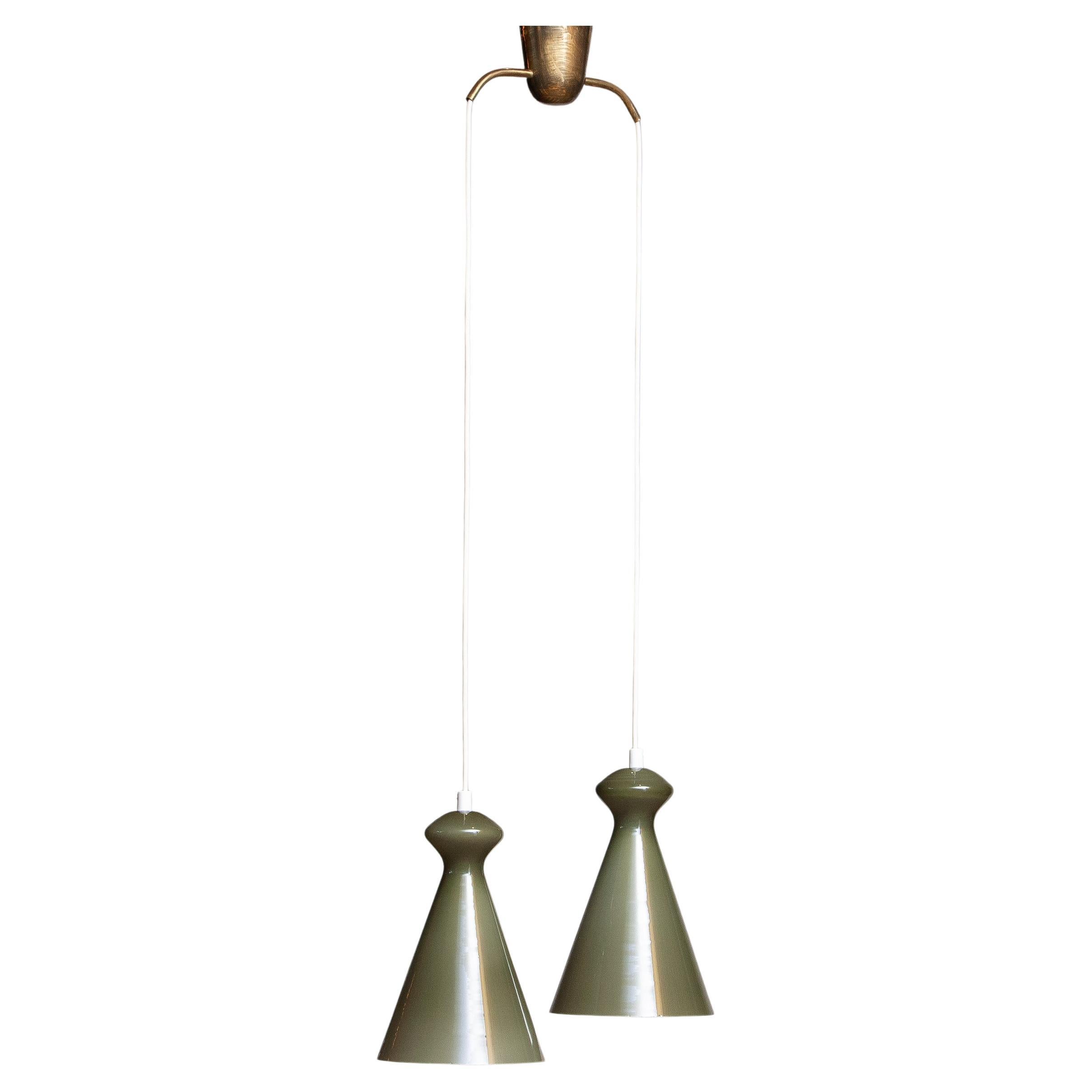 1950 Pair Glass Pendants in Olive Green by Maria Lindeman for Idman Oy, Finland