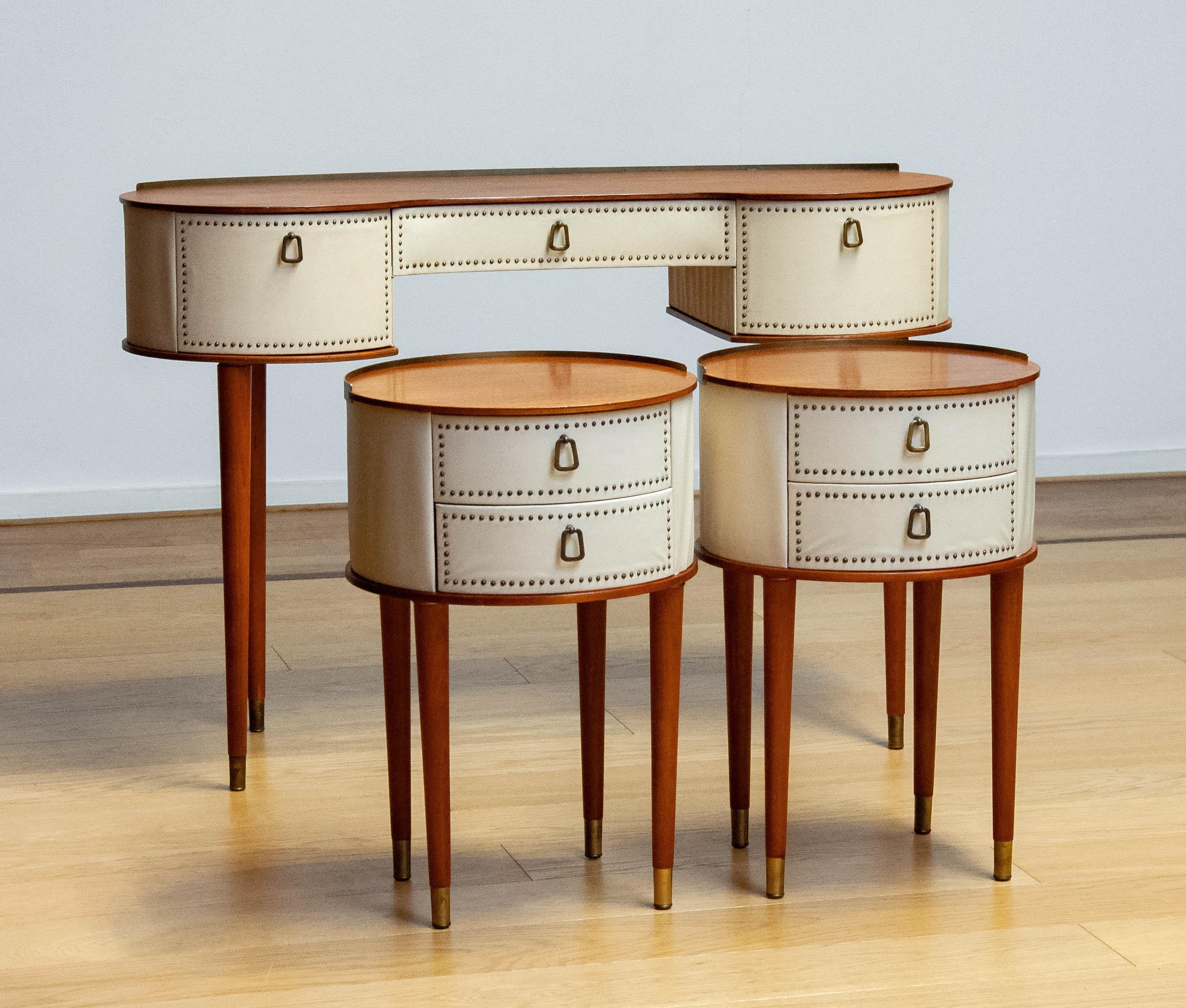 Mid-Century Modern 1950 Pair Nailed Night Stands With Matching Vanity By Halvdan Pettersson. Sweden