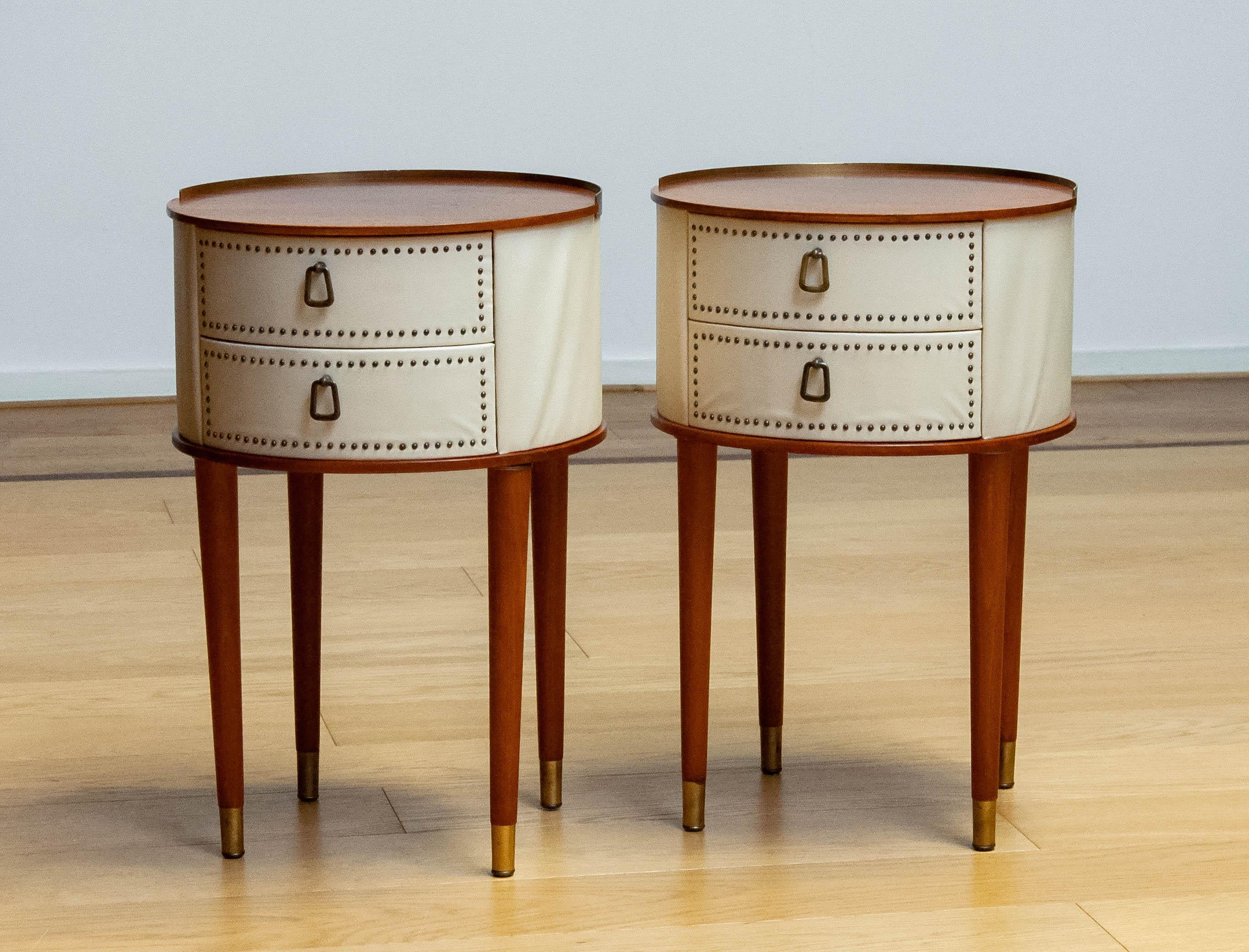 Faux Leather 1950 Pair Nailed Night Stands With Matching Vanity By Halvdan Pettersson. Sweden