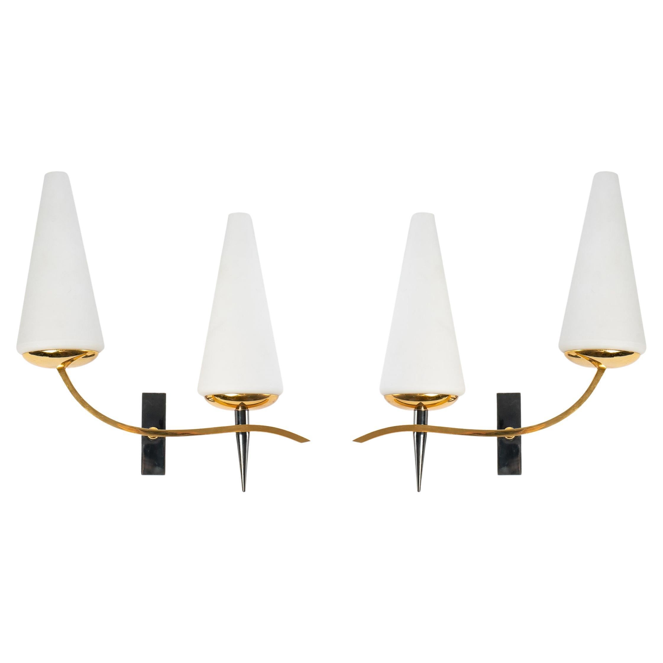 1950 Pair of Assymetrical Sconces by the Maison Arlus For Sale