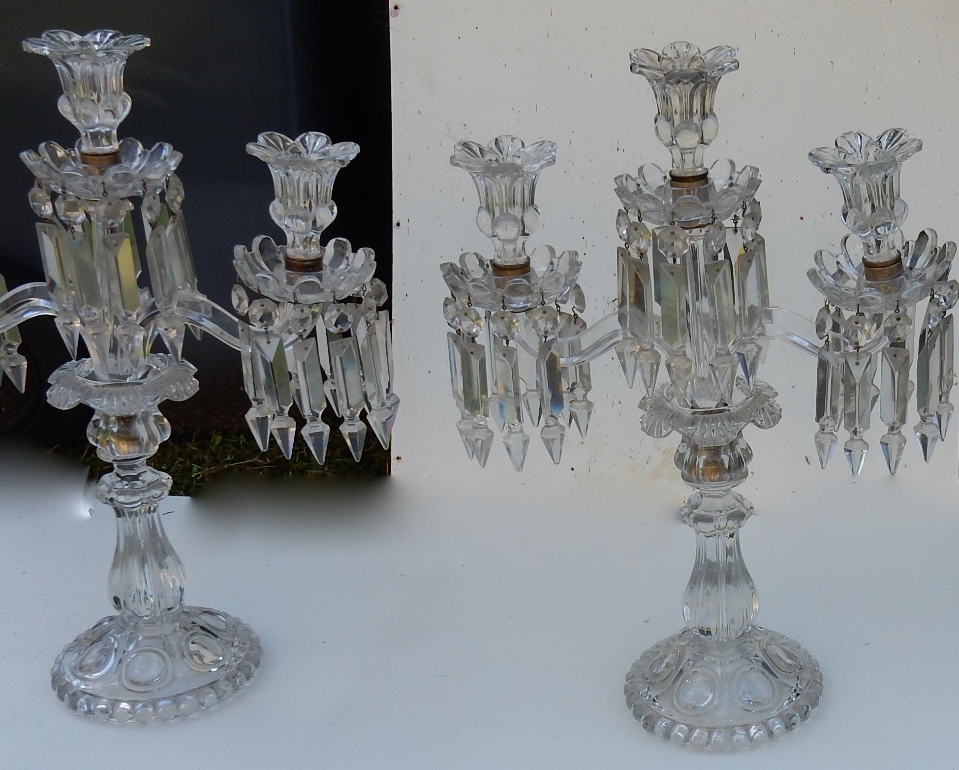 French 1950 Pair of Baccarat Crystal Chandeliers with 2 Arms and Signed Baccarat