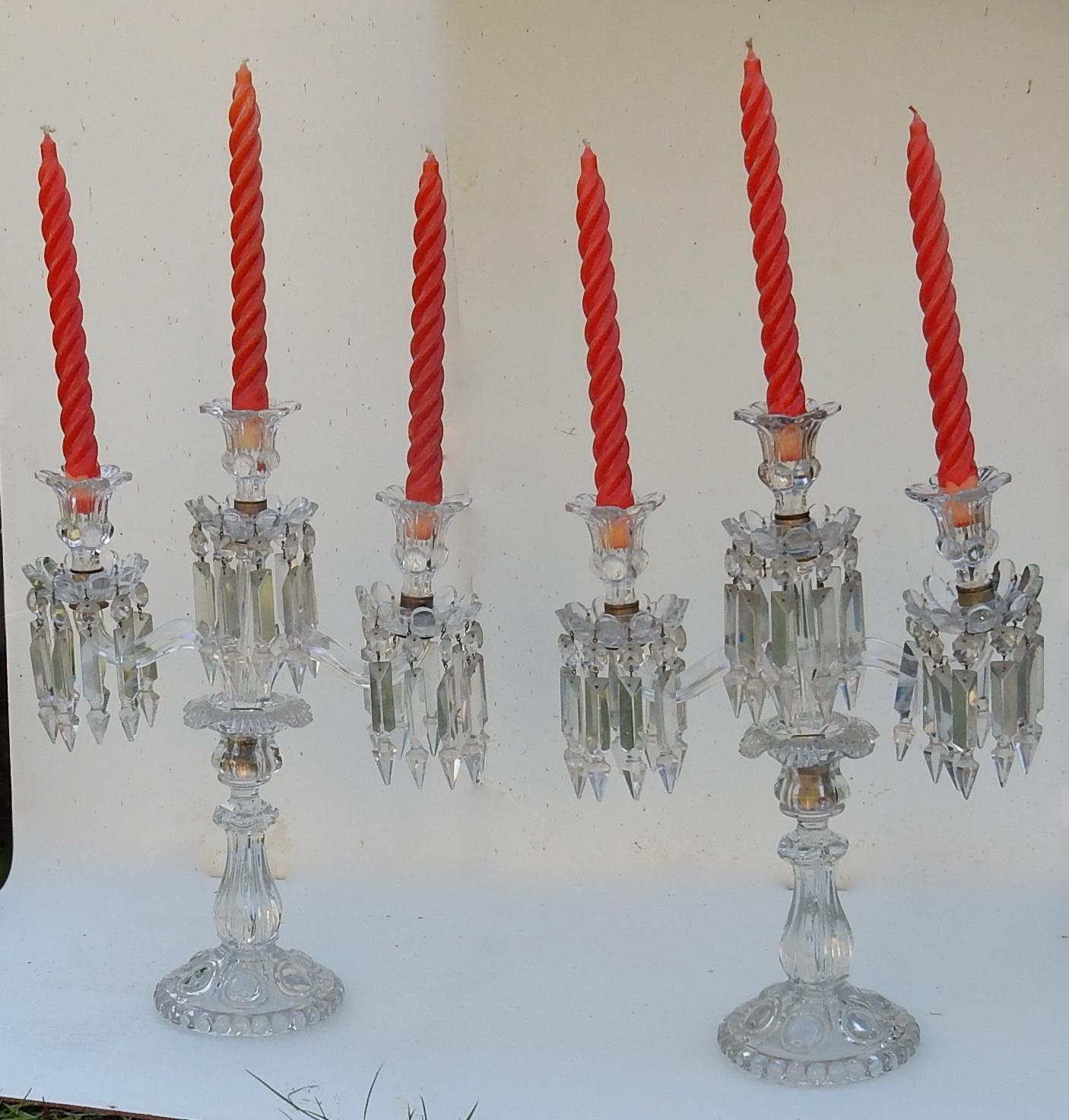 Carved 1950 Pair of Baccarat Crystal Chandeliers with 2 Arms and Signed Baccarat