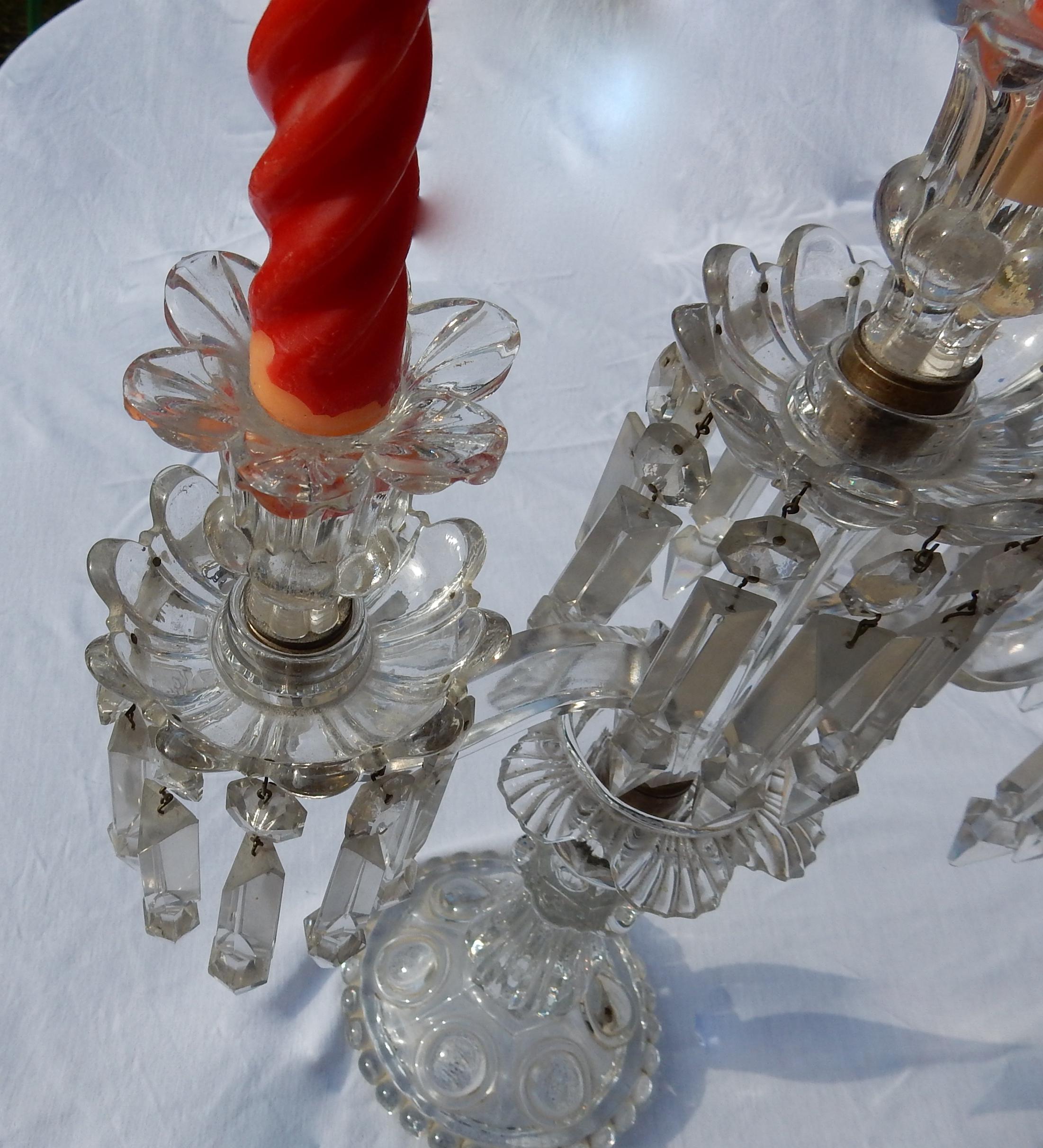 1950 Pair of Baccarat Crystal Chandeliers with 2 Arms and Signed Baccarat 1