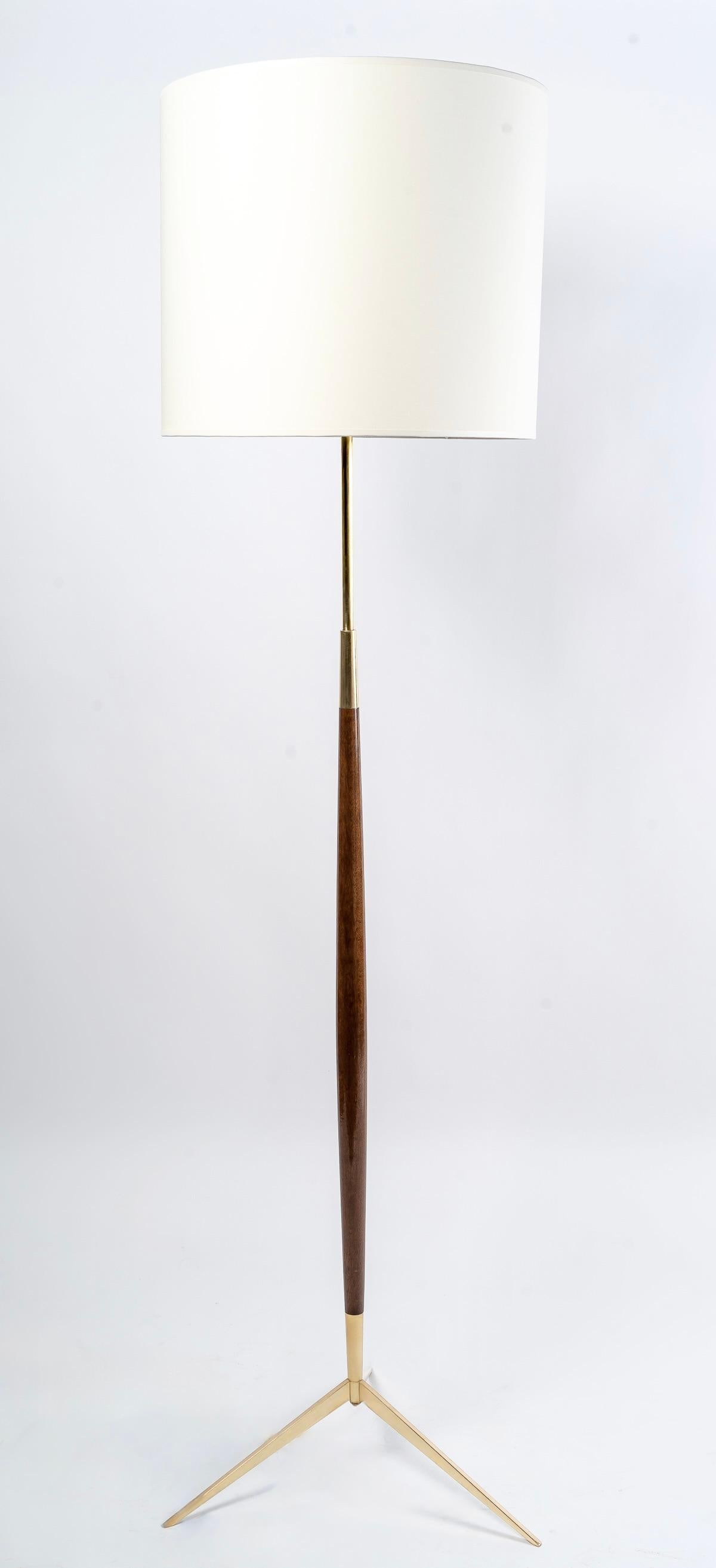 1950 Pair of Brass and Wood Tripod Floor Lamps Maison Lunel 1