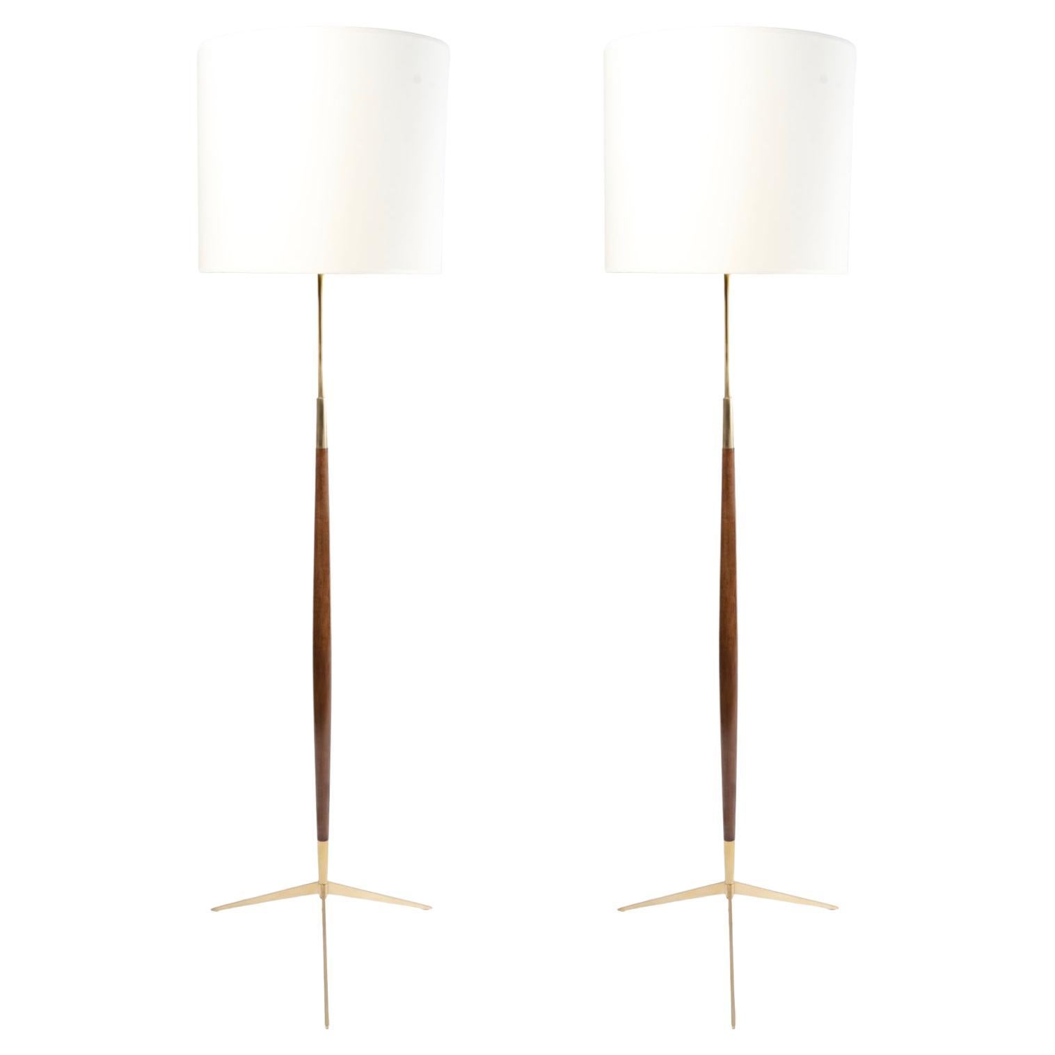 1950 Pair of Brass and Wood Tripod Floor Lamps Maison Lunel
