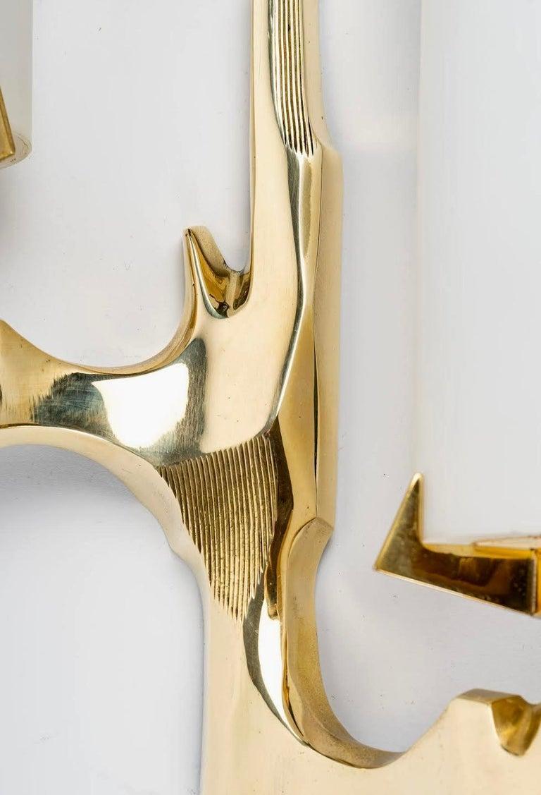 French 1950 Pair of bronze and opaline sconces by Maison Arlus. For Sale
