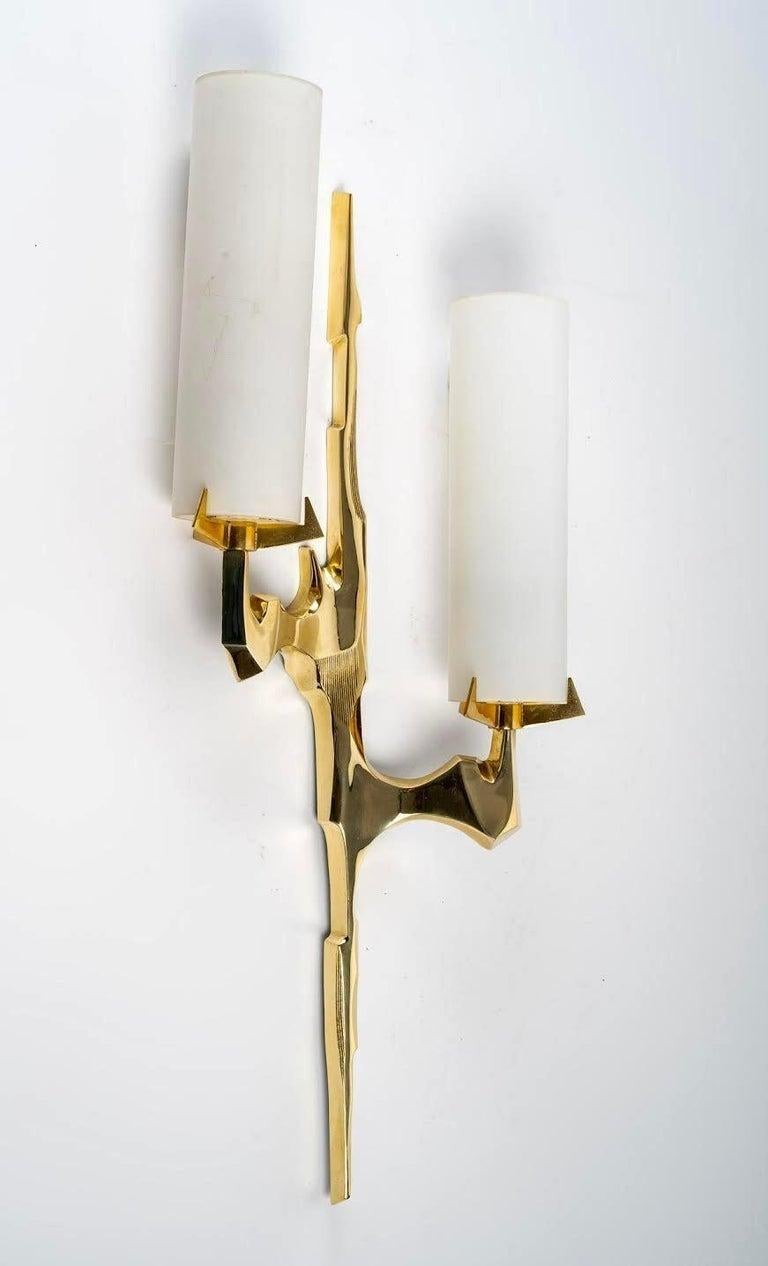 Mid-20th Century 1950 Pair of bronze and opaline sconces by Maison Arlus. For Sale