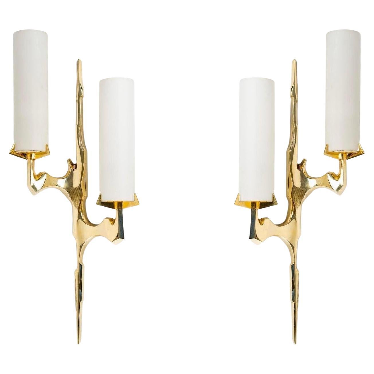 1950 Pair of bronze and opaline sconces by Maison Arlus.