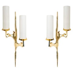 1950 Pair of bronze and opaline sconces by Maison Arlus.