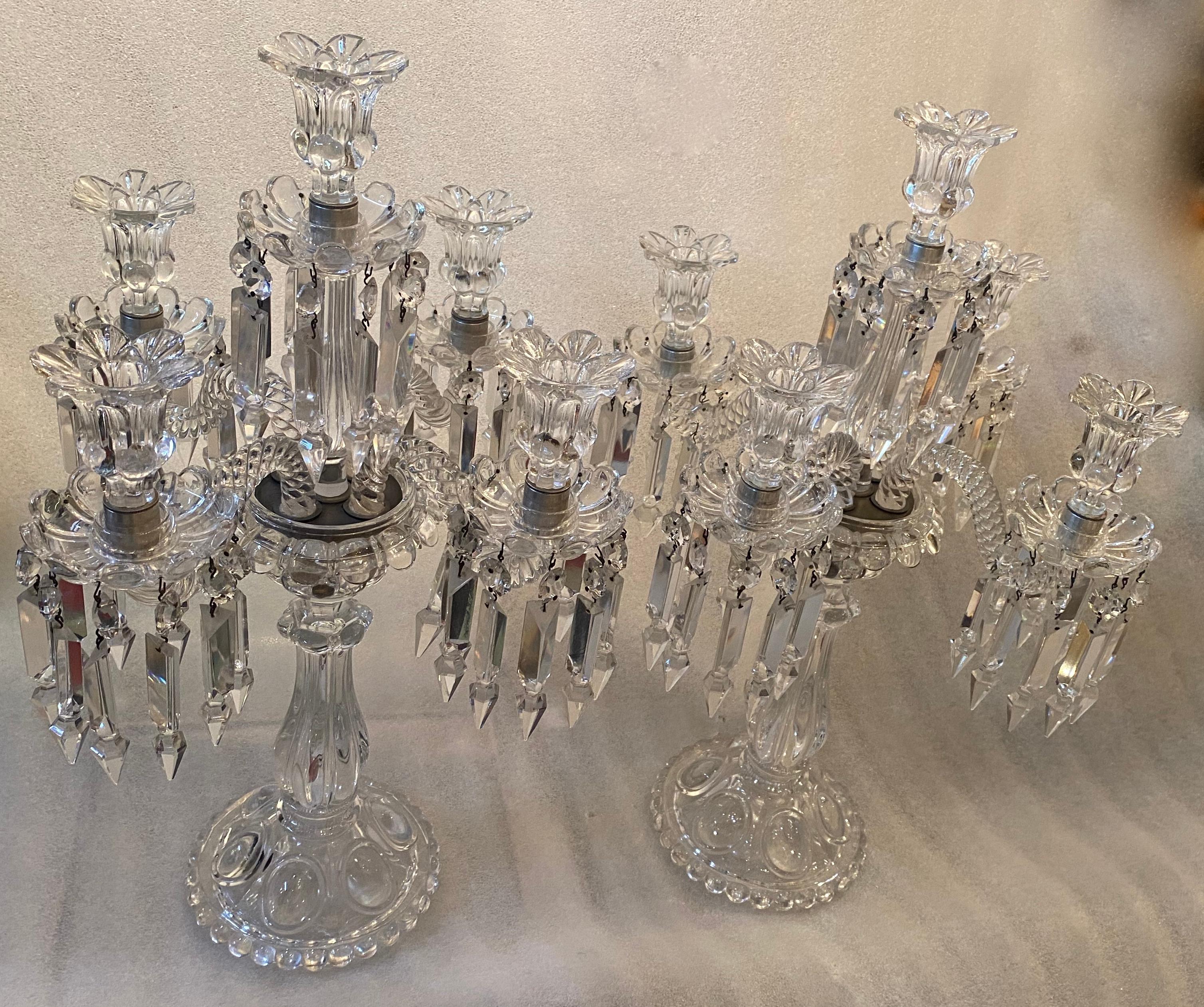 1950′ Pair of Candlesticks 4 Branchs Beaded Bases and Signed in Relief Baccarat For Sale 3