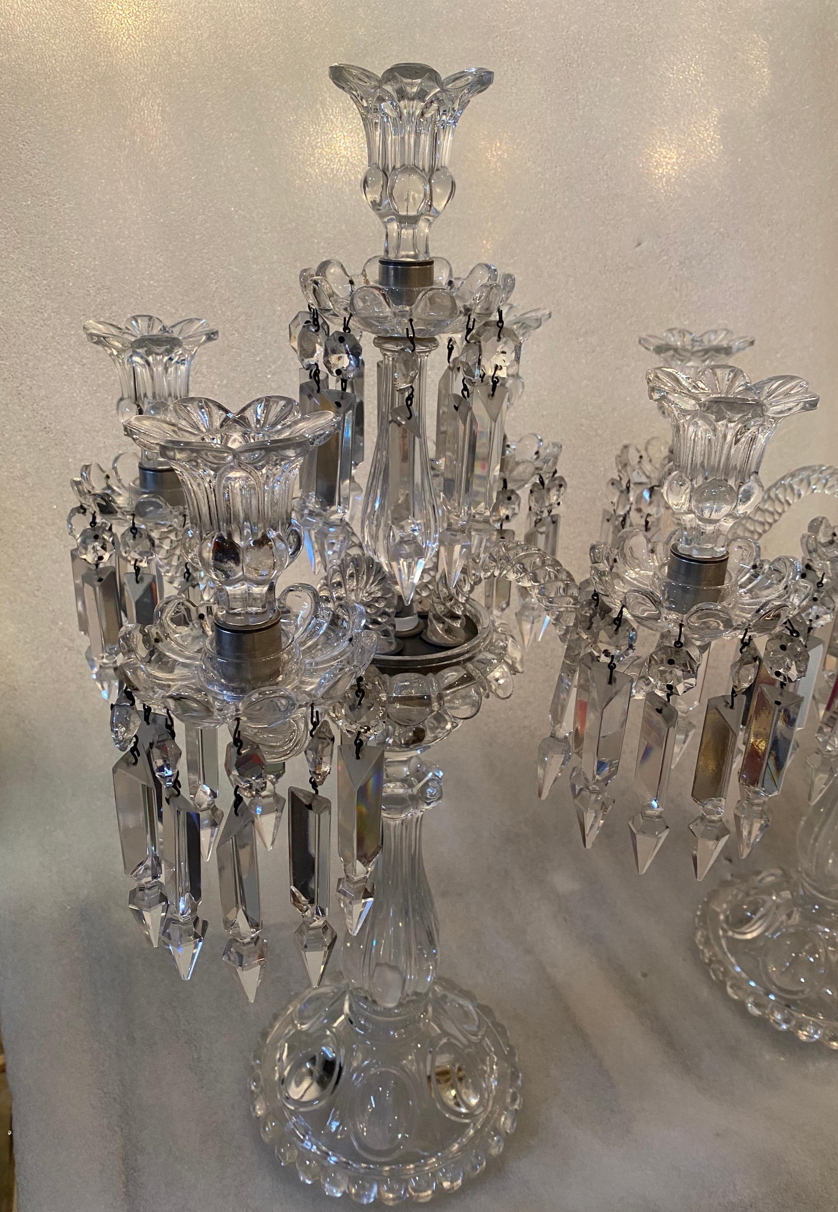 1950′ Pair of Candlesticks 4 Branchs Beaded Bases and Signed in Relief Baccarat For Sale 4