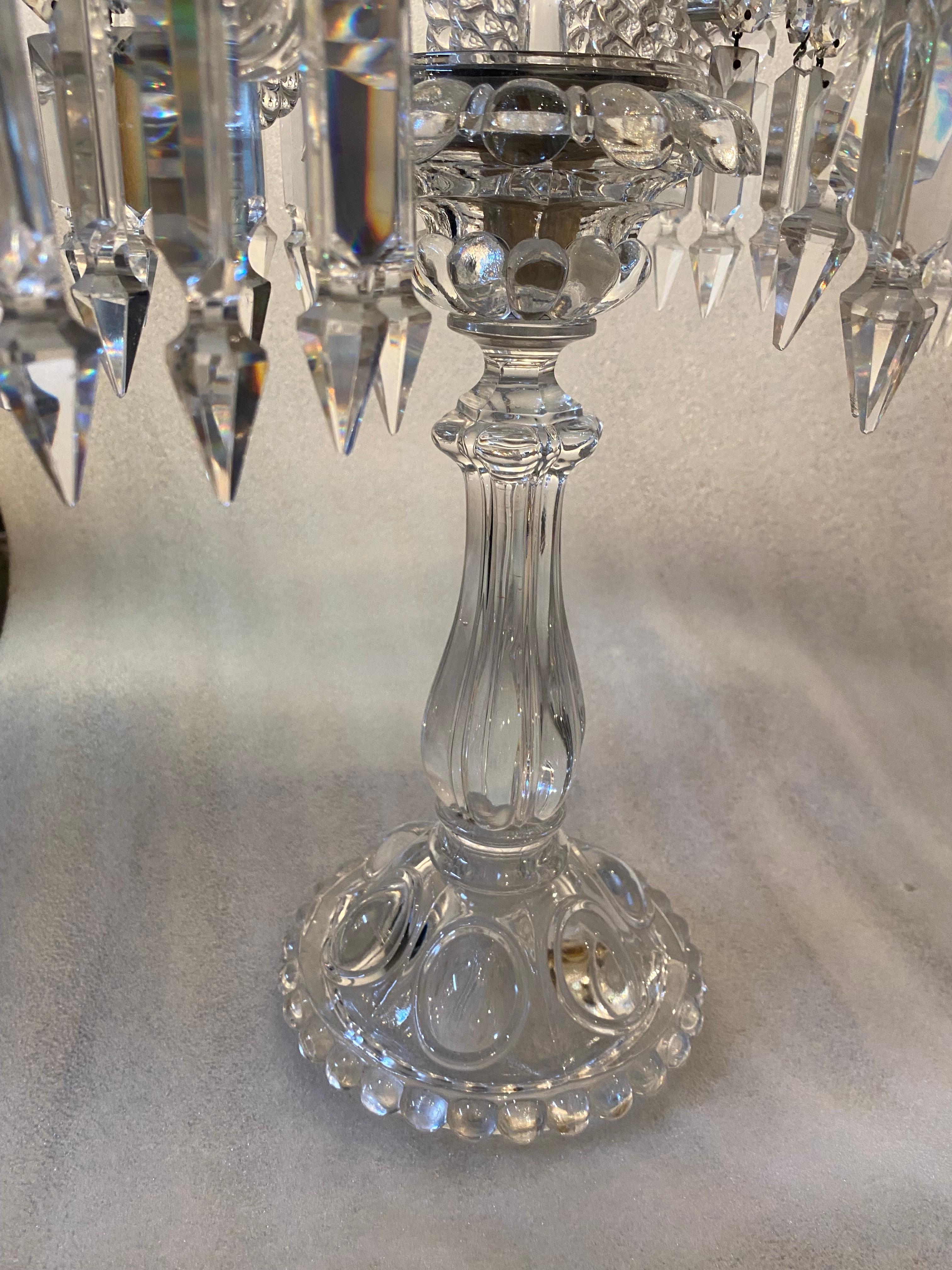 1950′ Pair of Candlesticks 4 Branchs Beaded Bases and Signed in Relief Baccarat For Sale 7