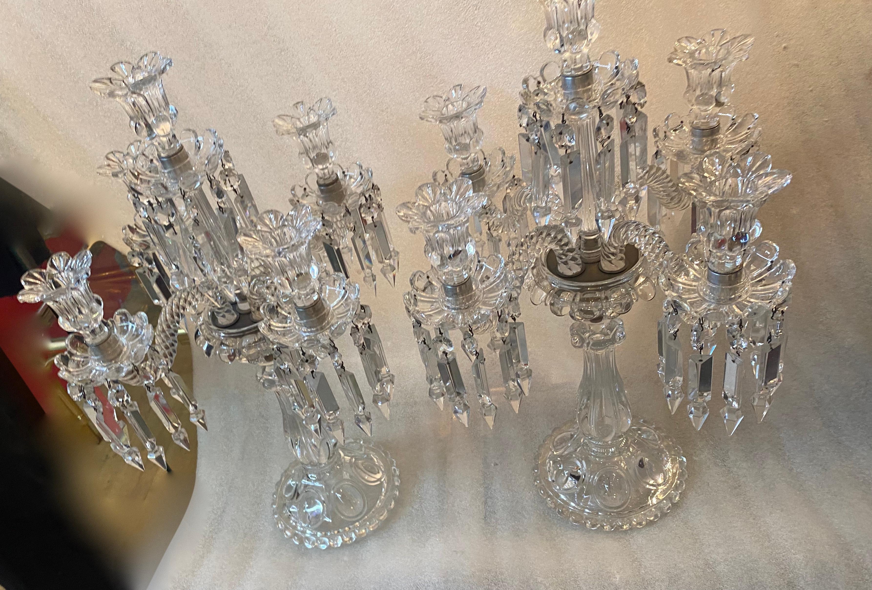 Crystal 1950′ Pair of Candlesticks 4 Branchs Beaded Bases and Signed in Relief Baccarat For Sale
