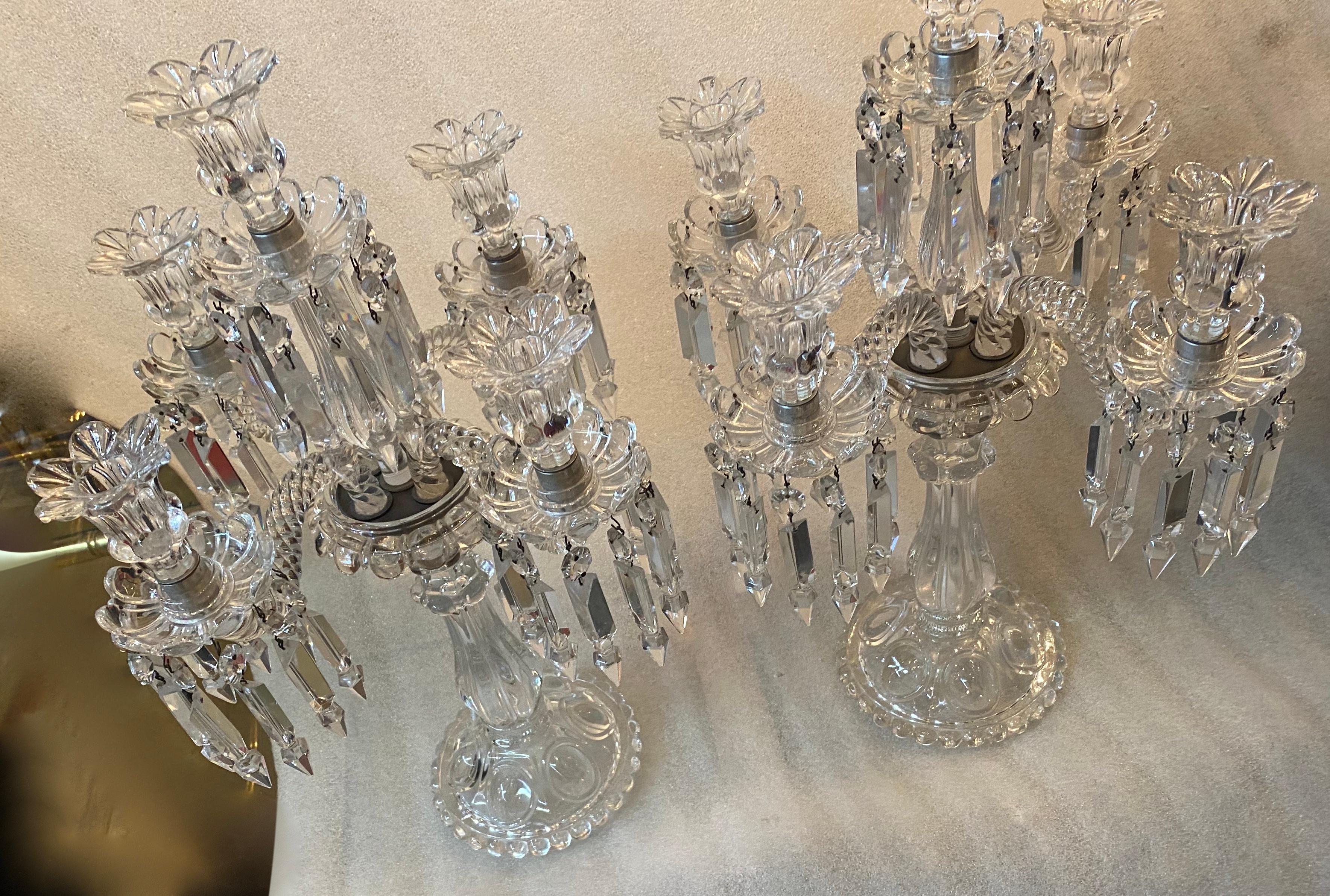 1950′ Pair of Candlesticks 4 Branchs Beaded Bases and Signed in Relief Baccarat For Sale 1