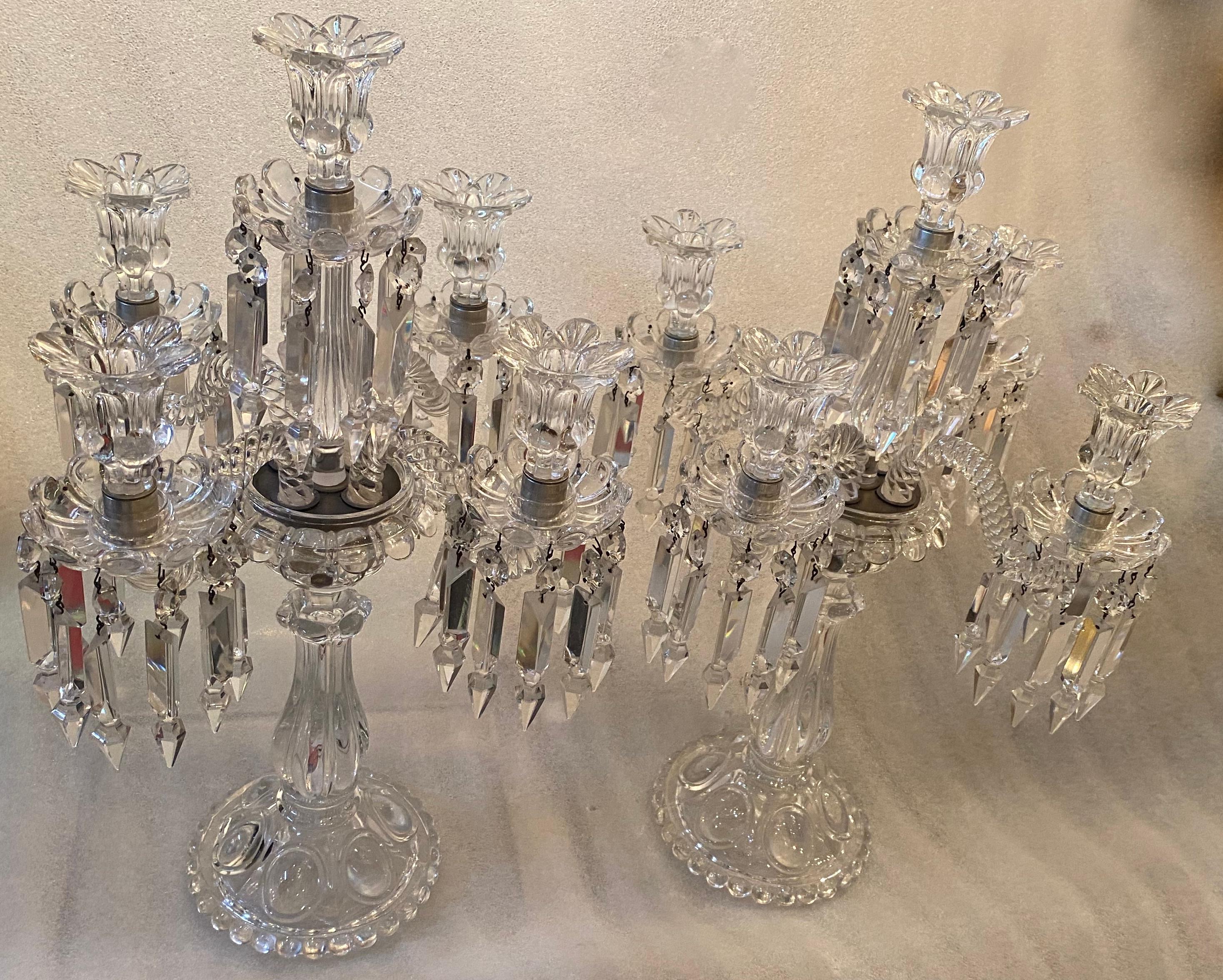 1950′ Pair of Candlesticks 4 Branchs Beaded Bases and Signed in Relief Baccarat For Sale 2