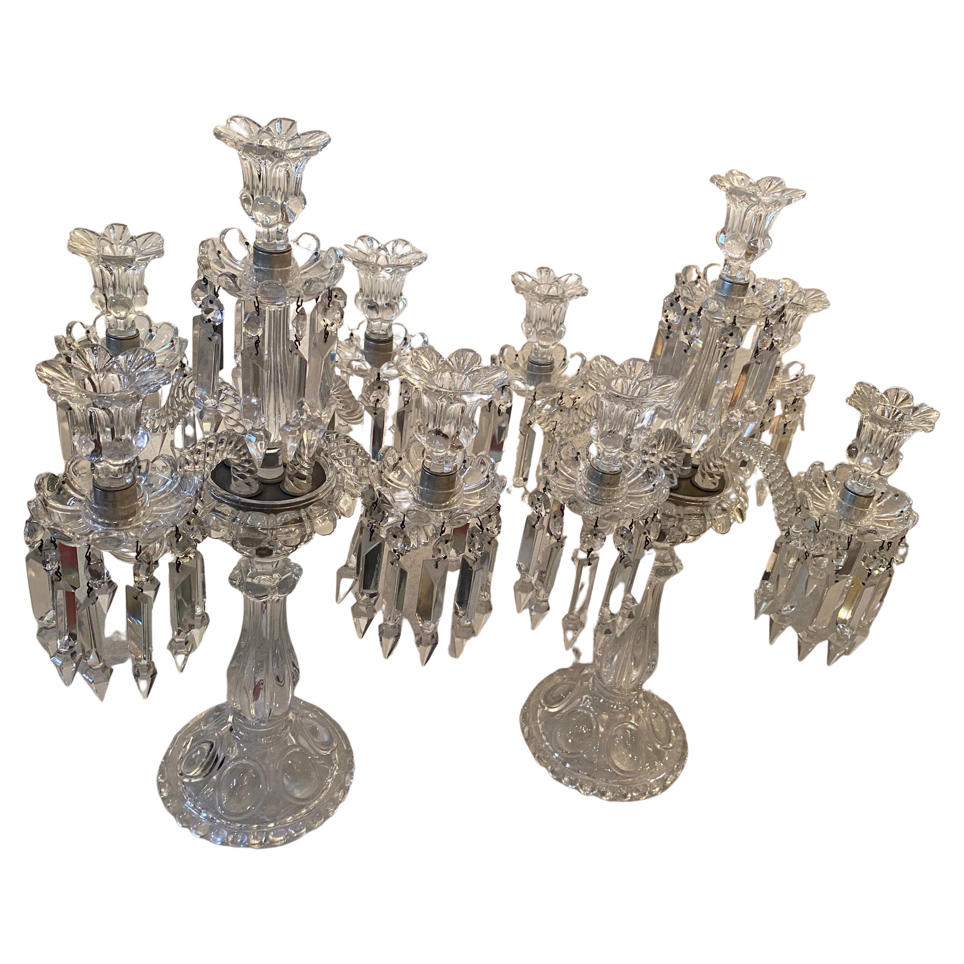 1950′ Pair of Candlesticks 4 Branchs Beaded Bases and Signed in Relief Baccarat For Sale