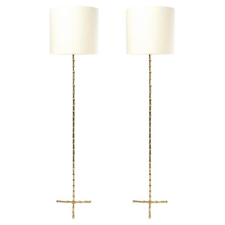 1950 Pair of Floor Lamps "Bamboo" Model in Gilt Bronze Maison Baguès