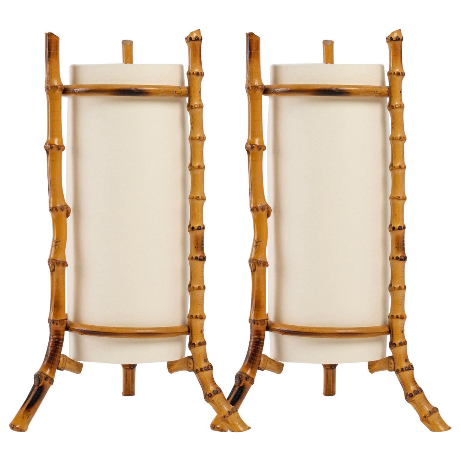 1950 Pair of Louis Sognot Bamboo Lamps