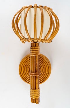 1950 Pair of Louis Sognot Rattan Wall Lamps