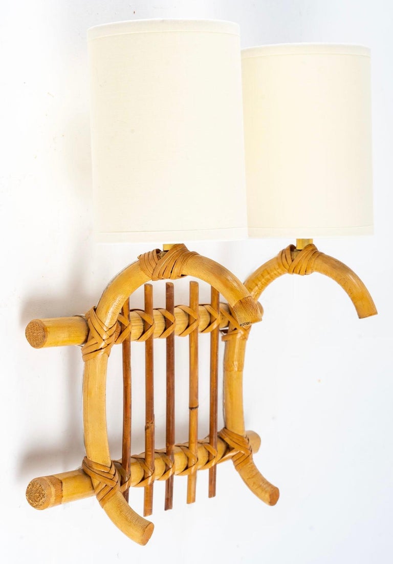 Mid-20th Century 1950 Pair of Louis Sognot Rattan Wall Lamps For Sale