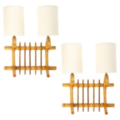 1950 Pair of Louis Sognot Rattan Wall Lamps