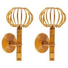 1950 Pair of Louis Sognot Rattan Wall Lamps