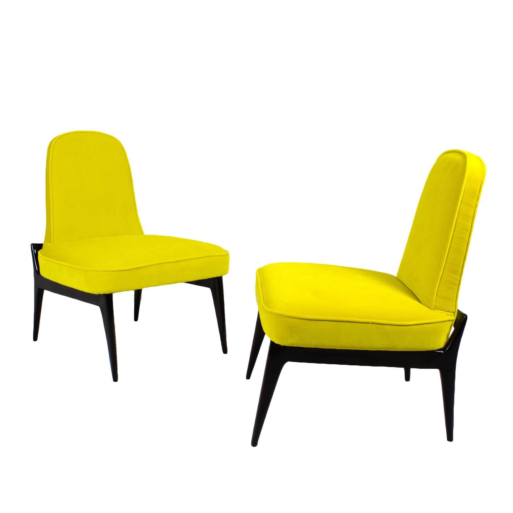 1950 Pair of Low Chairs, Yellow Velvet, Solid Mahogany Feet and Back, Italy