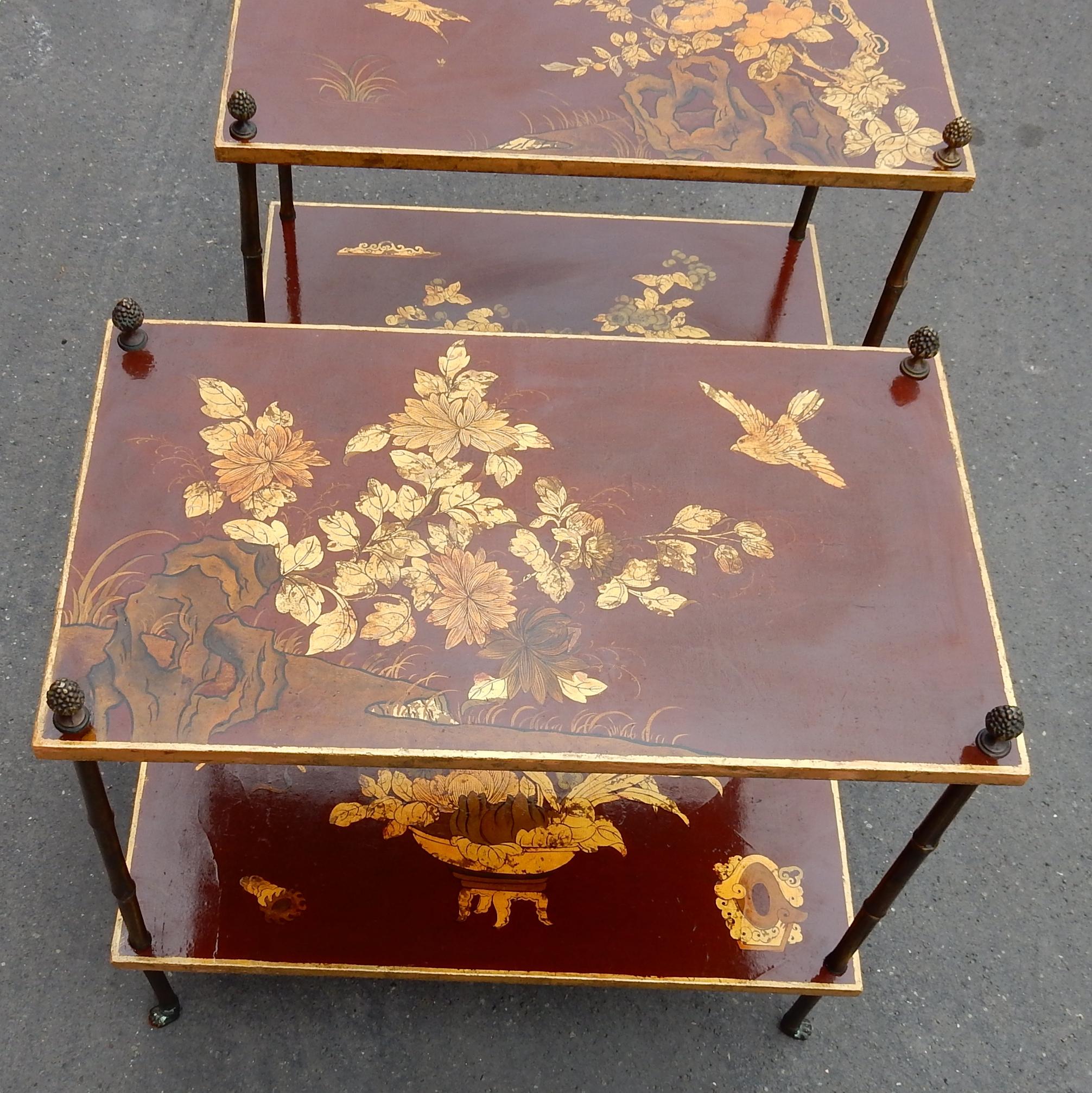 Neoclassical 1950 Pair of Tables Bamboo Decor in Gilt Bronze and Chinese lacquer